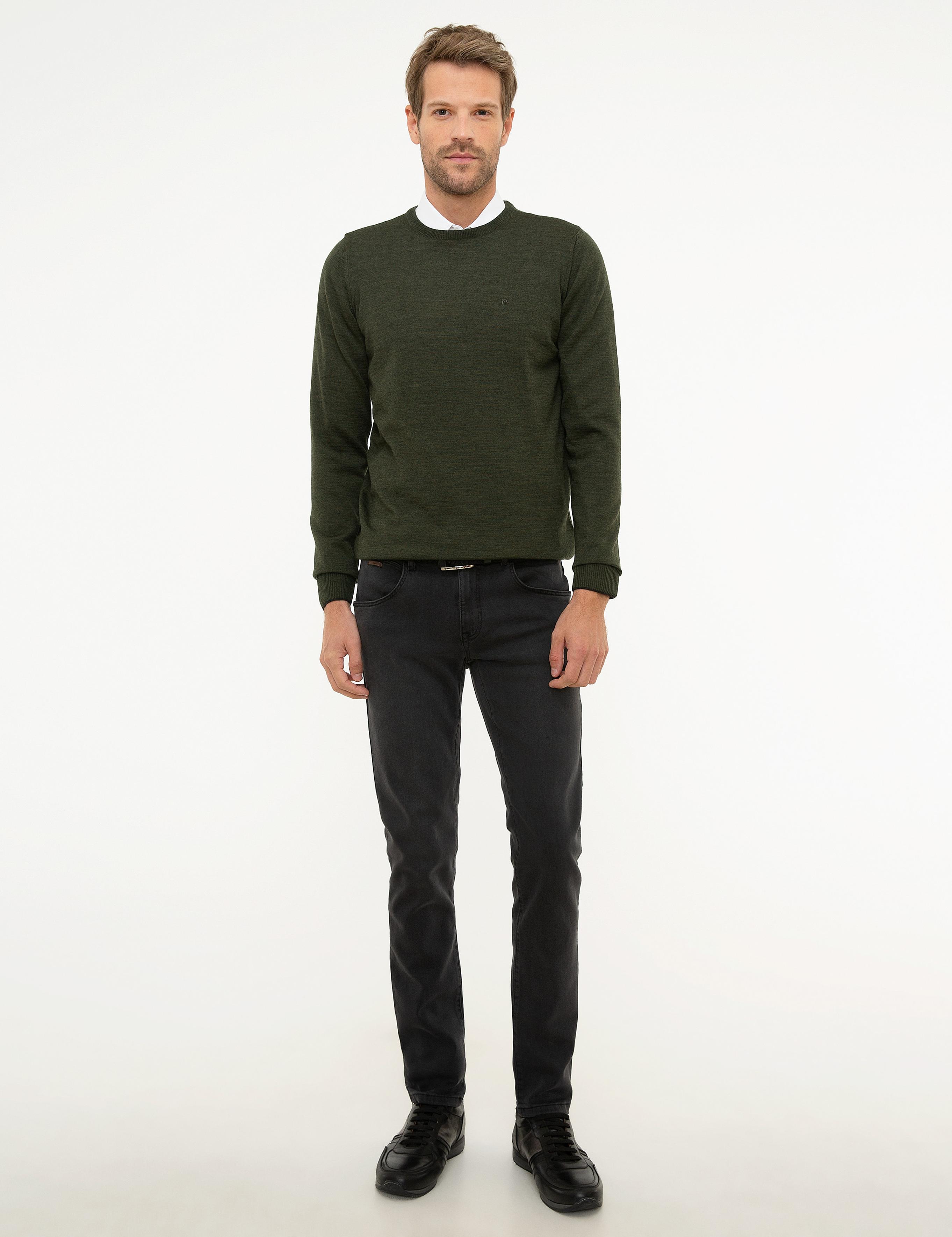 Yeşil Slim Fit Bisiklet Yaka Yün Karışımlı Basic Triko Kazak