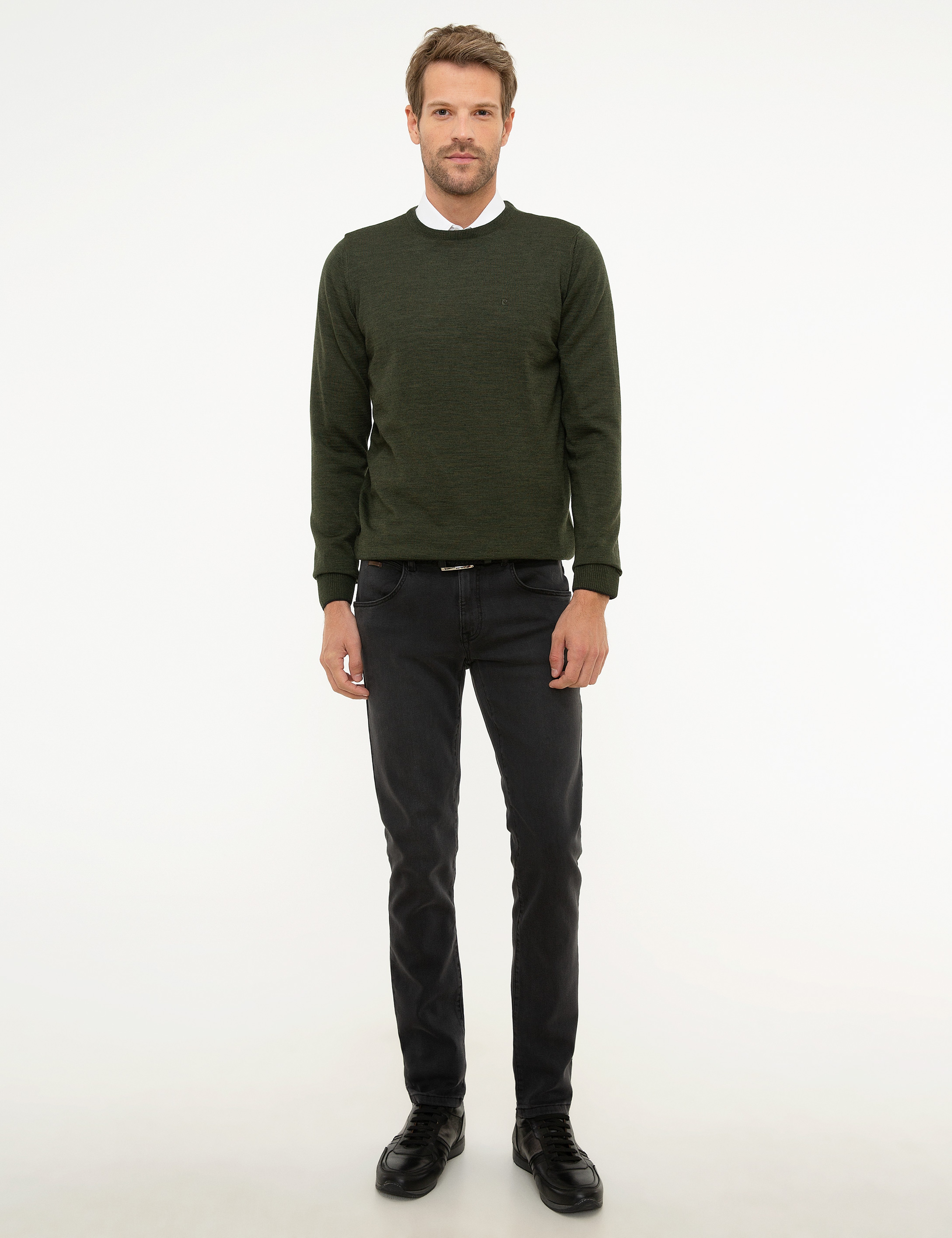 Yeşil Slim Fit Bisiklet Yaka Yün Karışımlı Basic Triko Kazak