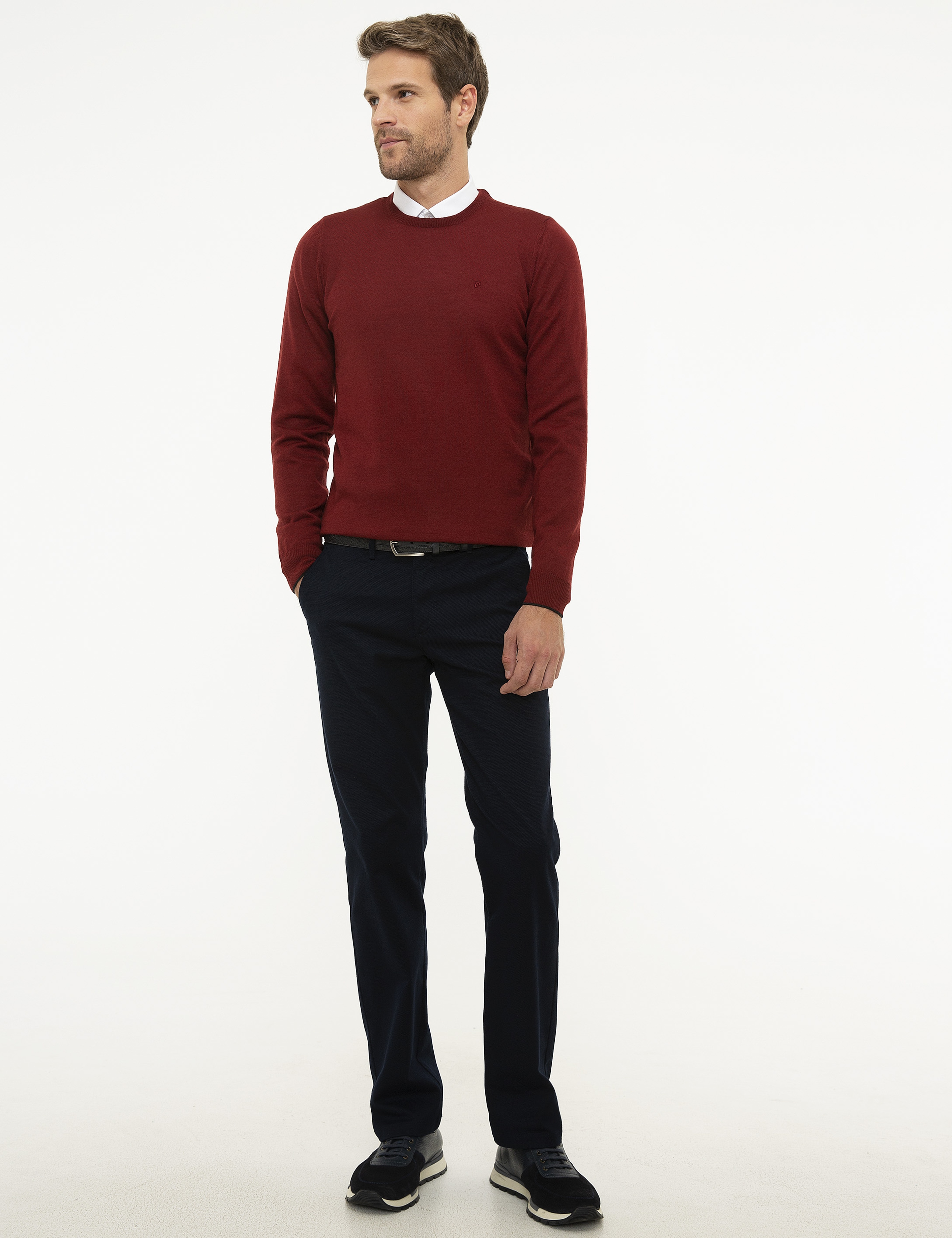 Kırmızı Slim Fit Bisiklet Yaka Yün Karışımlı Basic Triko Kazak
