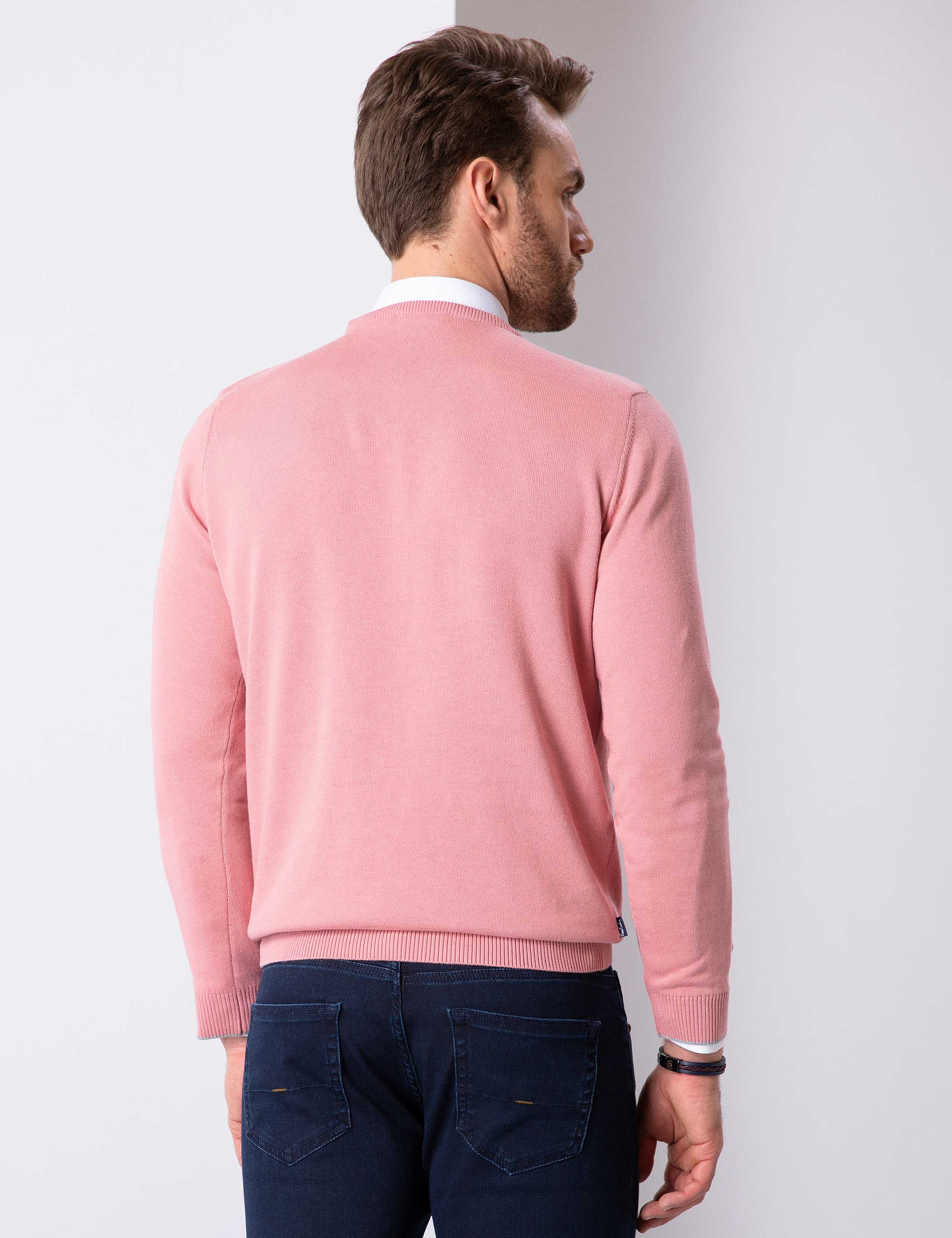 Pembe Slim Fit Bisiklet Yaka Basic Triko Kazak - Image 5