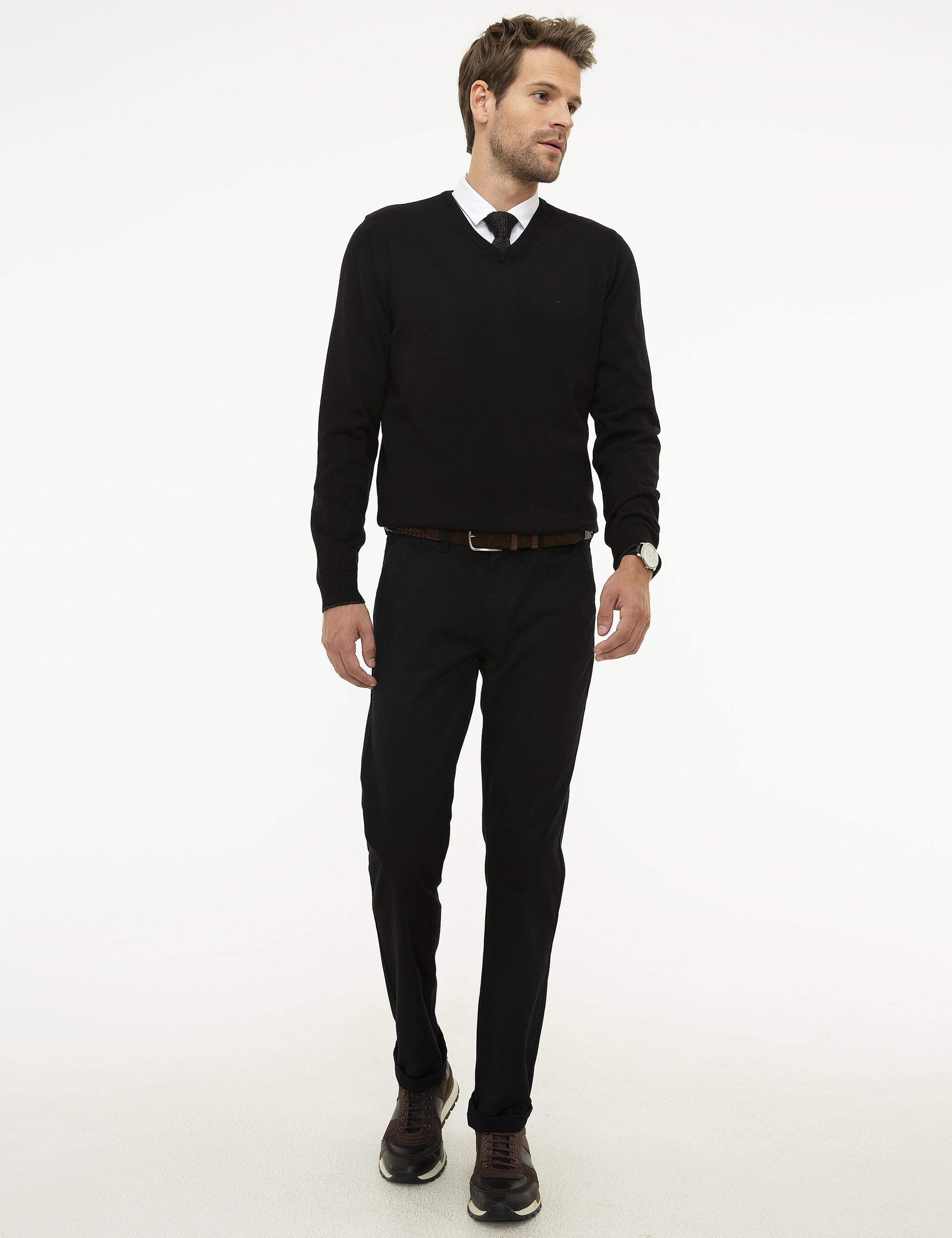 Siyah Slim Fit V Yaka Basic Triko Kazak