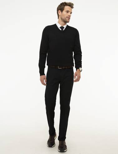 Siyah Slim Fit V Yaka Basic Triko Kazak