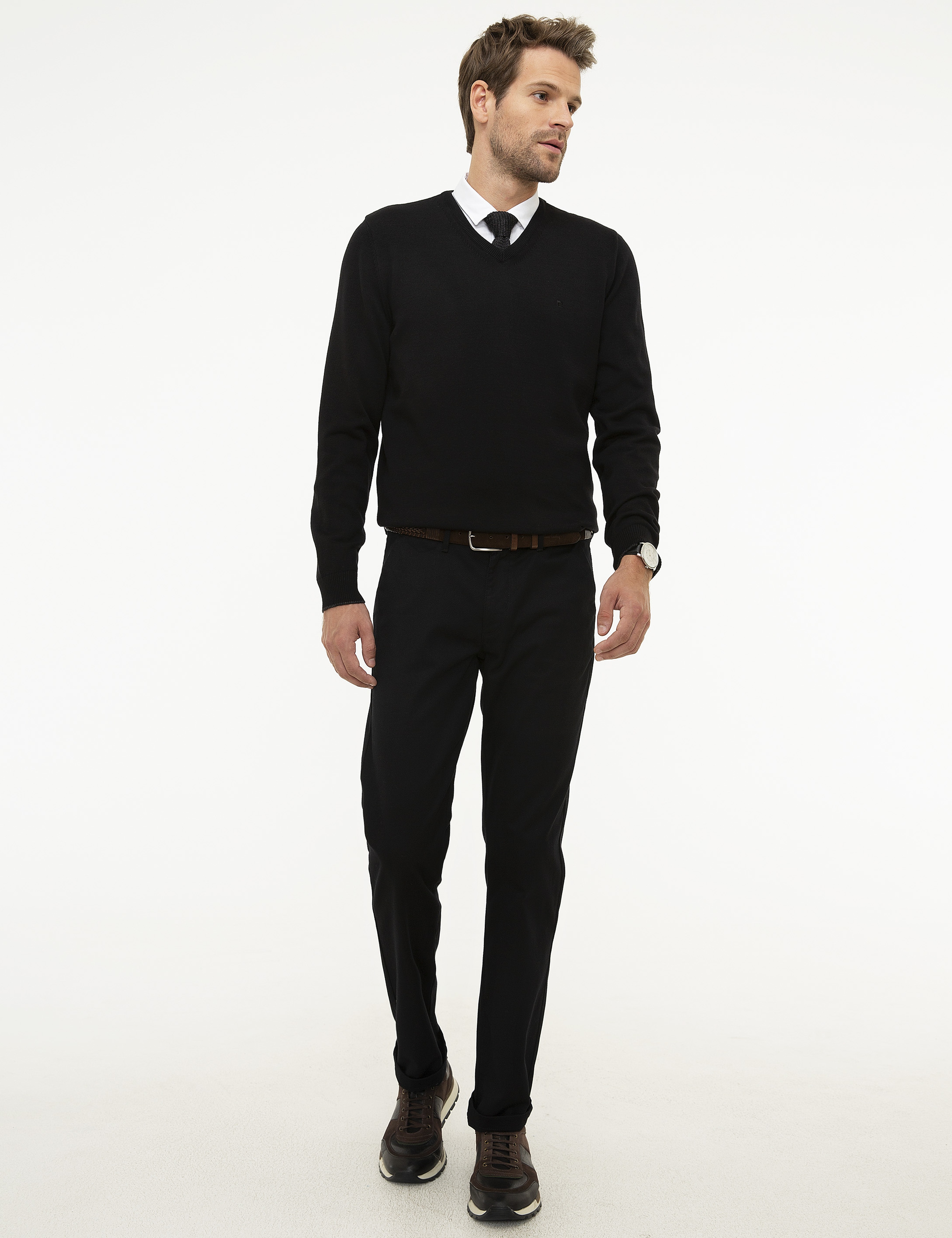 Siyah Slim Fit V Yaka Basic Triko Kazak - Image 5