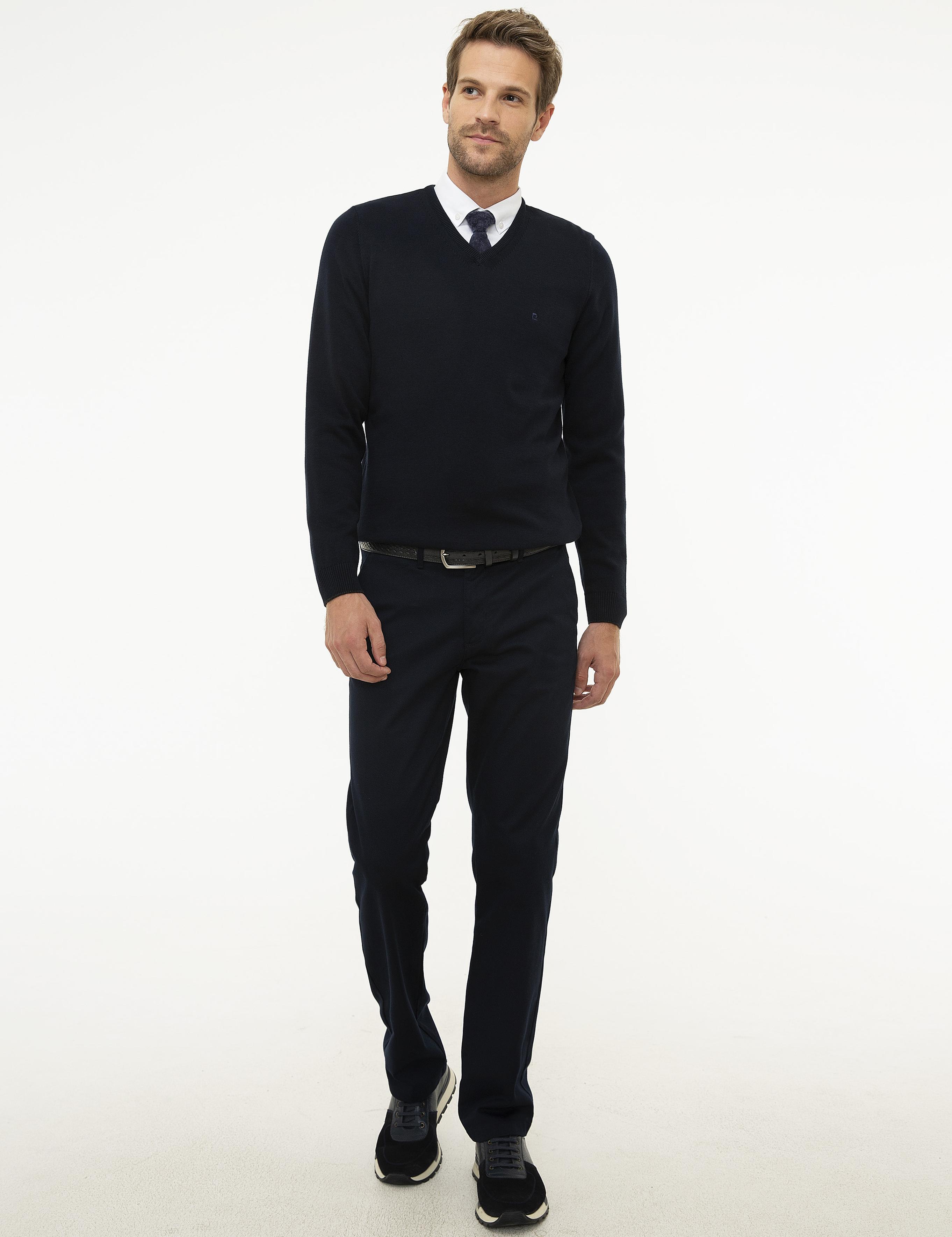 Koyu Lacivert Slim Fit V Yaka Basic Triko Kazak