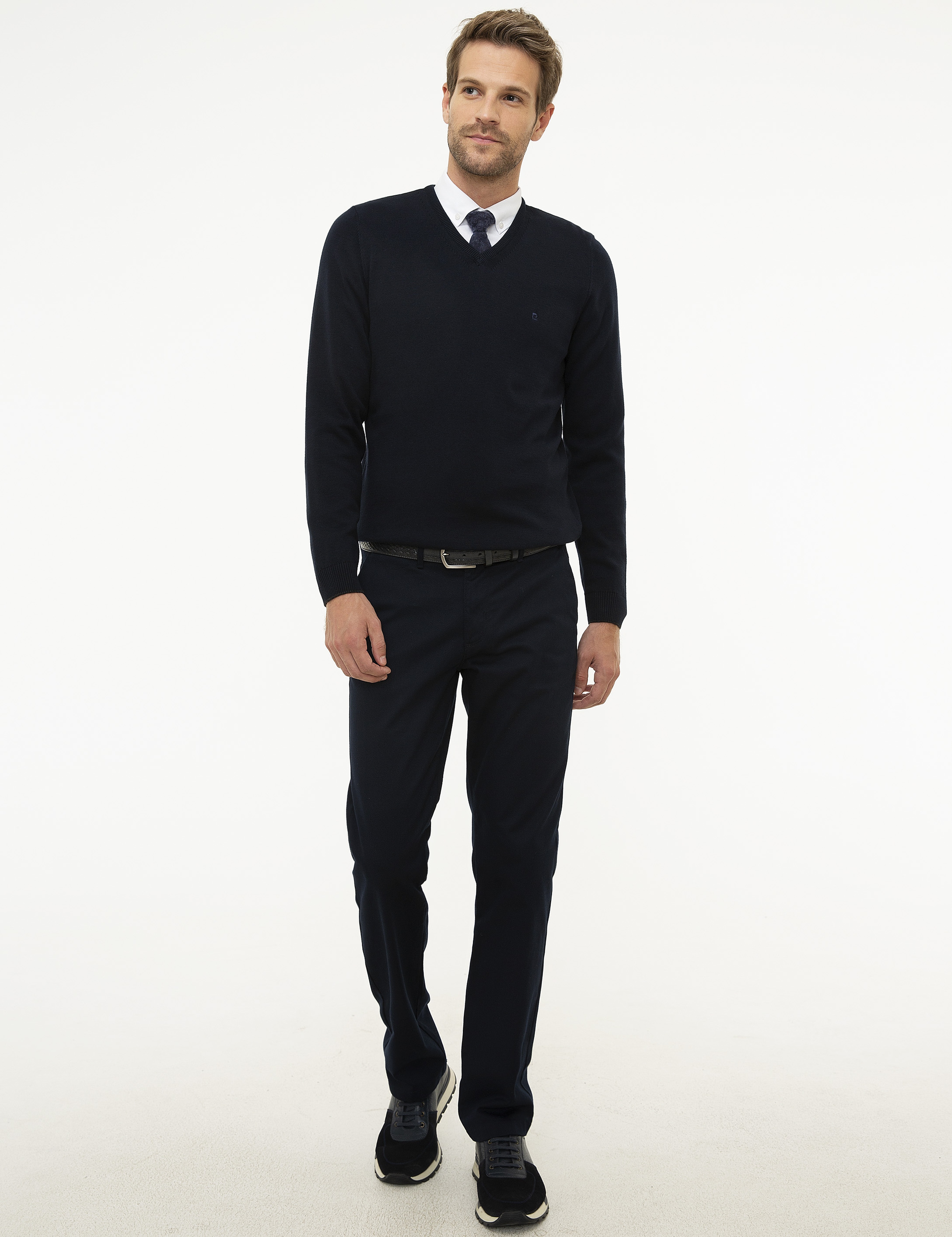 Koyu Lacivert Slim Fit V Yaka Basic Triko Kazak - Image 5