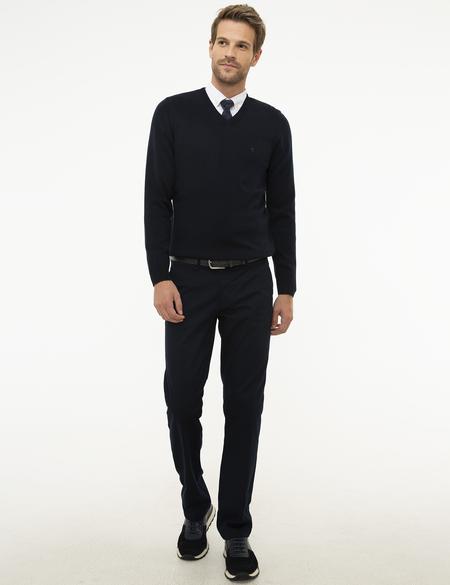 Koyu Lacivert Slim Fit V Yaka Basic Triko Kazak - 50207495171