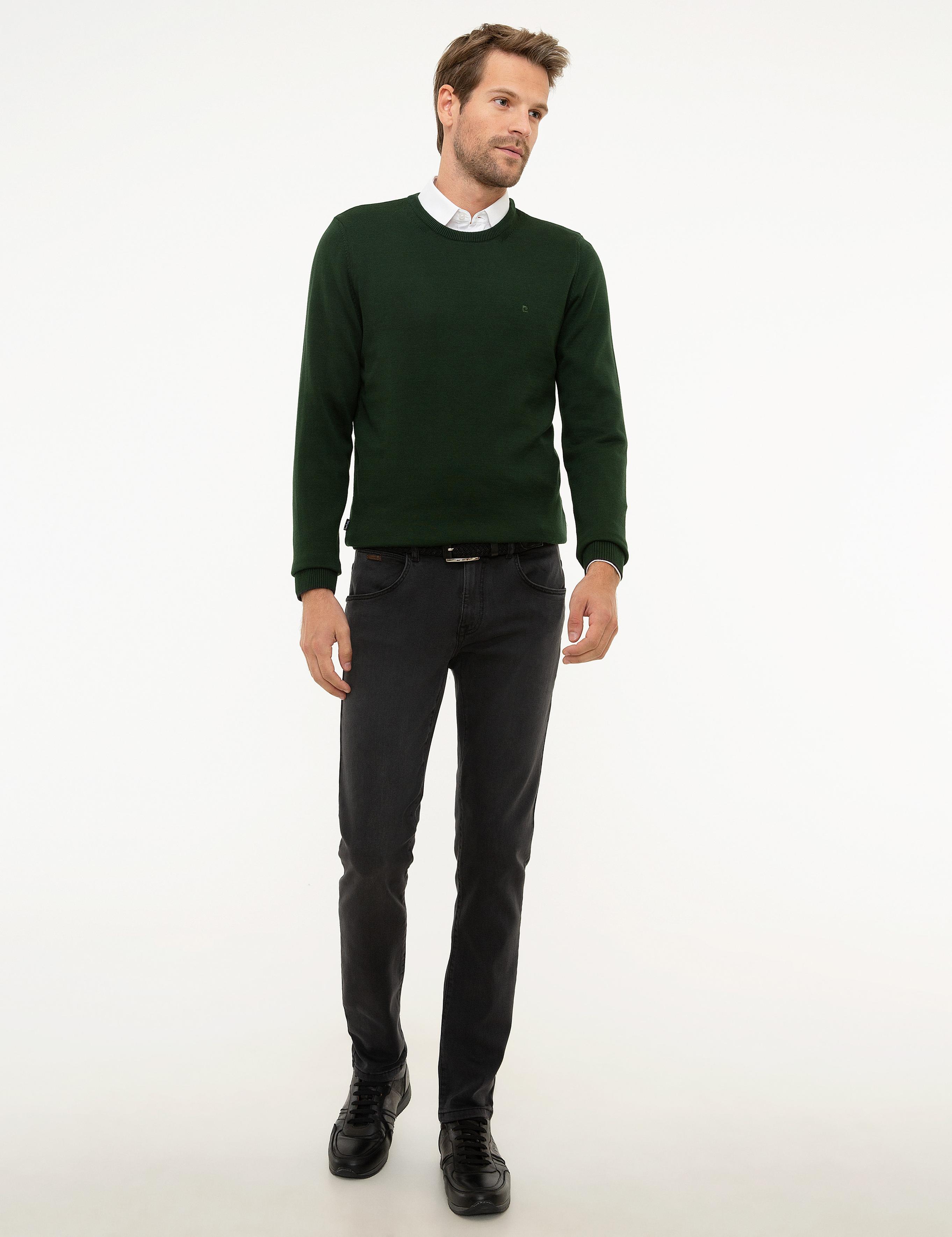 Koyu Yeşil Slim Fit Bisiklet Yaka Basic Triko Kazak