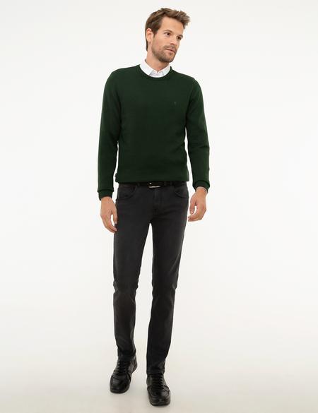 Koyu Yeşil Slim Fit Bisiklet Yaka Basic Triko Kazak - 50207445159