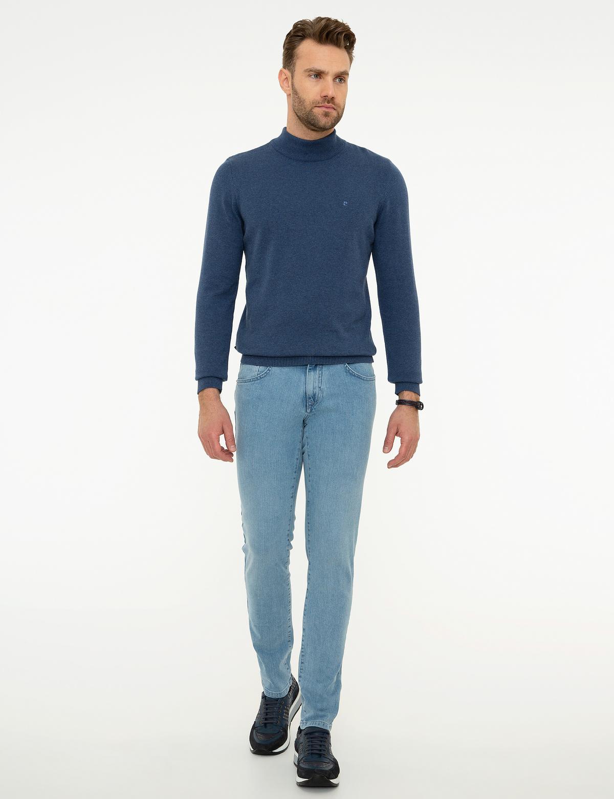 İndigo Mavi Melanj Slim Fit Yarım Balıkçı Yaka Basic Triko Kazak - 50207508054