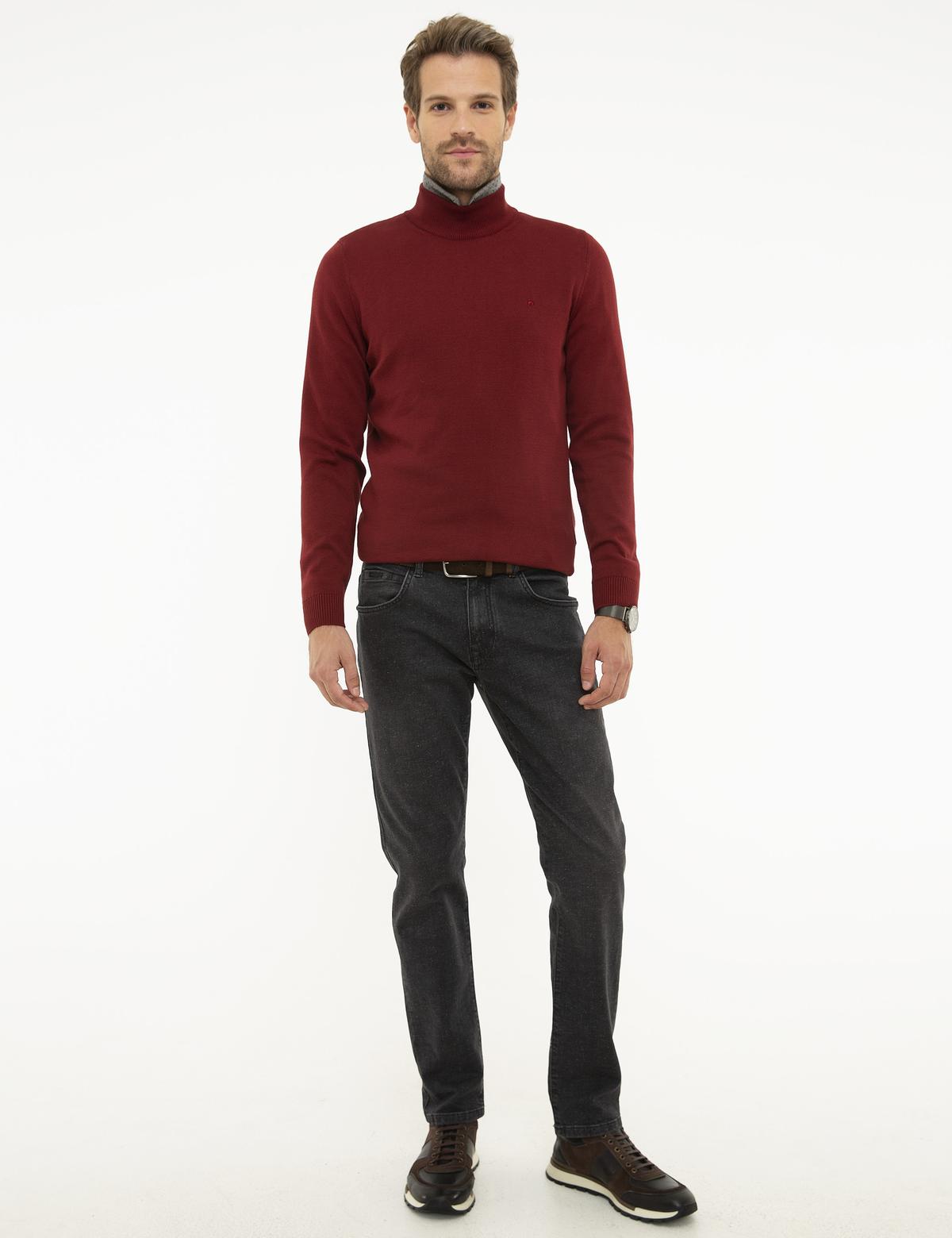 Kırmızı Slim Fit Yarım Balıkçı Yaka Basic Triko Kazak - 50207508211