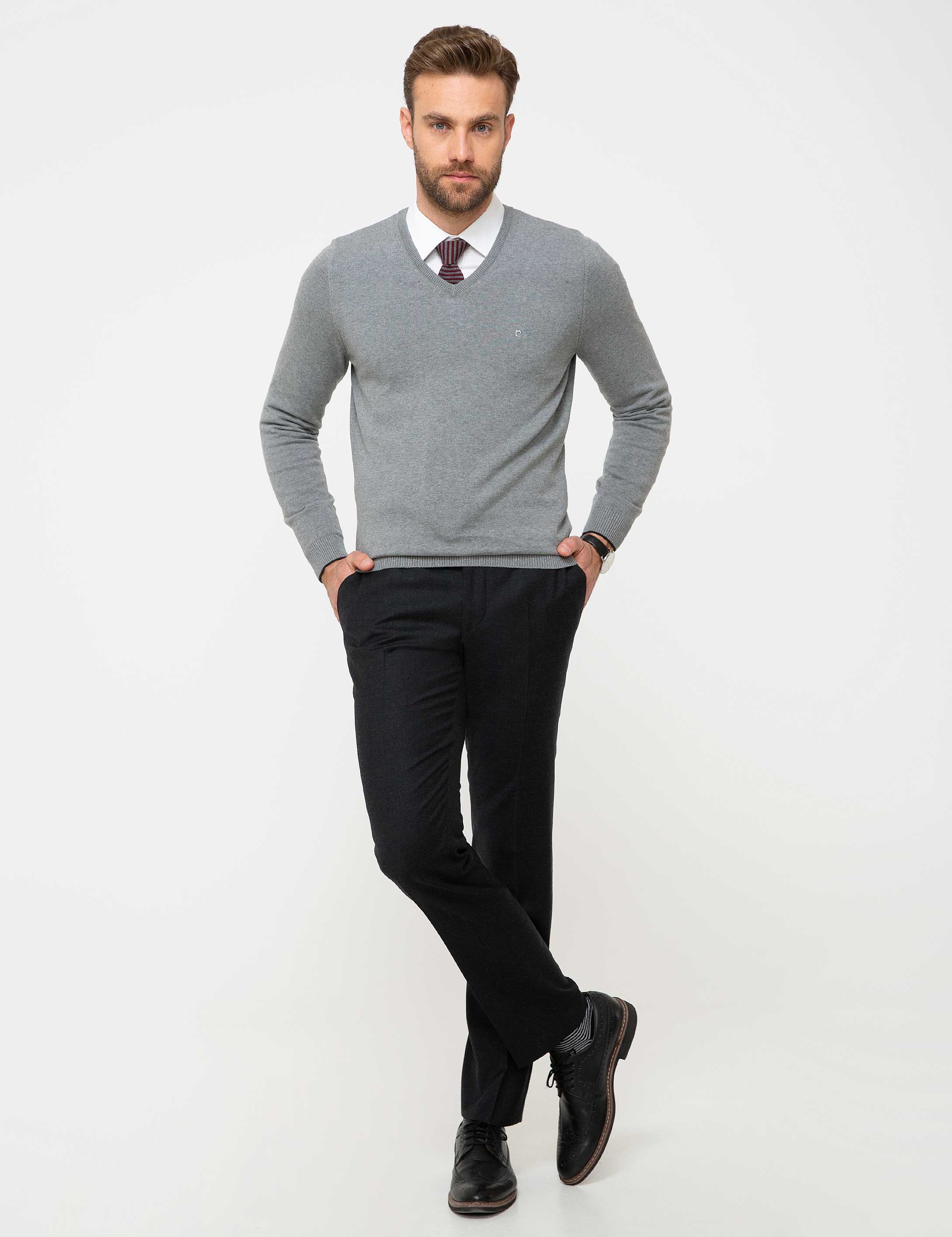 Gri Melanj Slim Fit V Yaka Basic Triko Kazak - Image 5