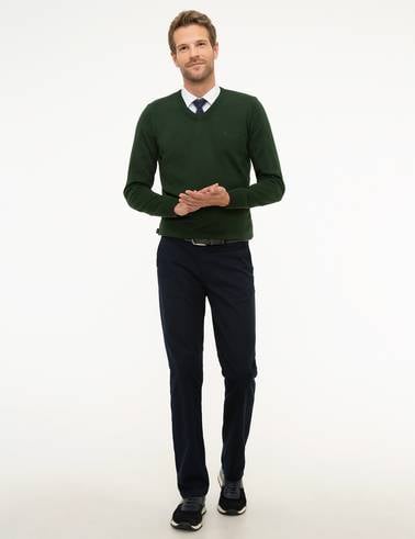 Koyu Yeşil Slim Fit V Yaka Basic Triko Kazak