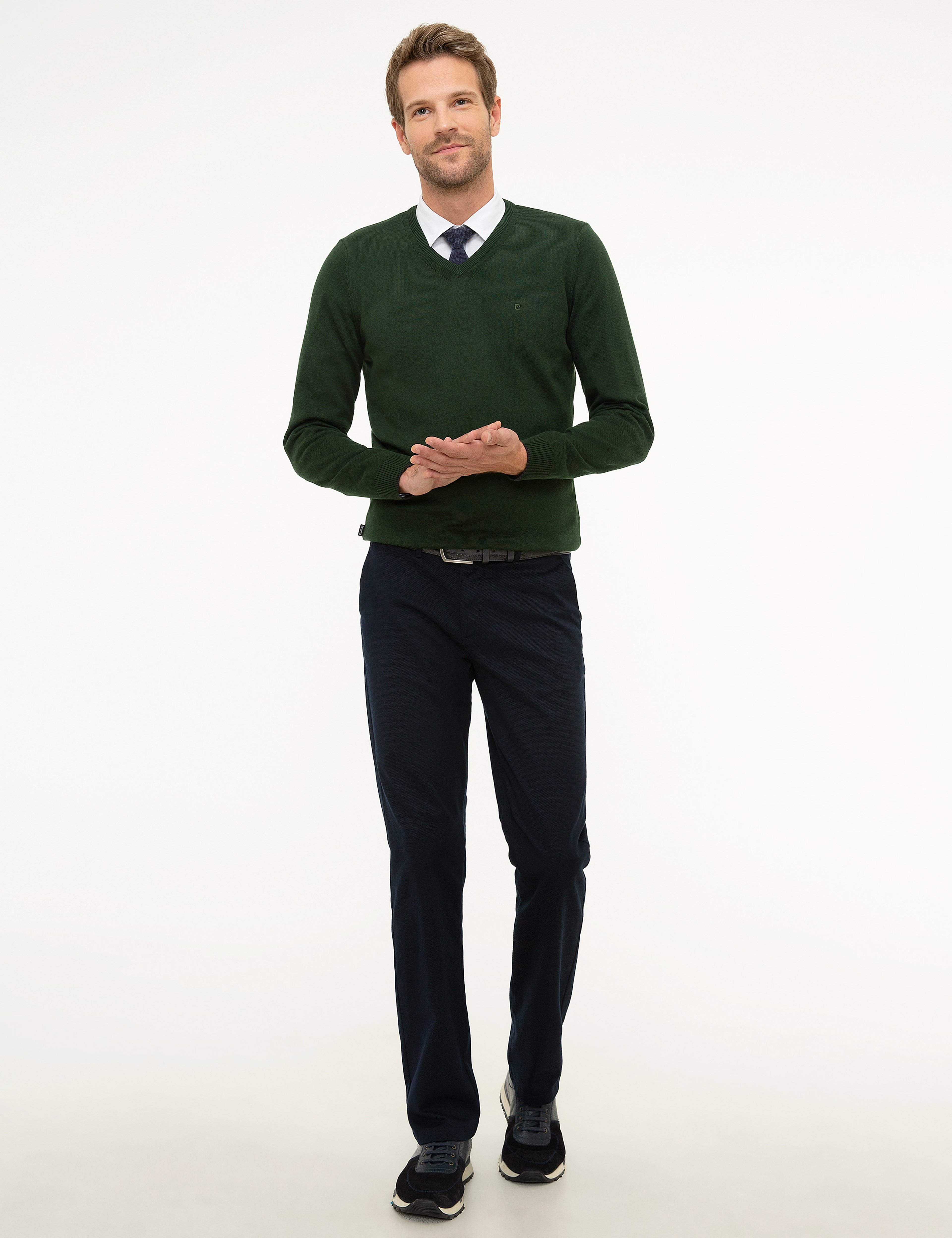 Koyu Yeşil Slim Fit V Yaka Basic Triko Kazak