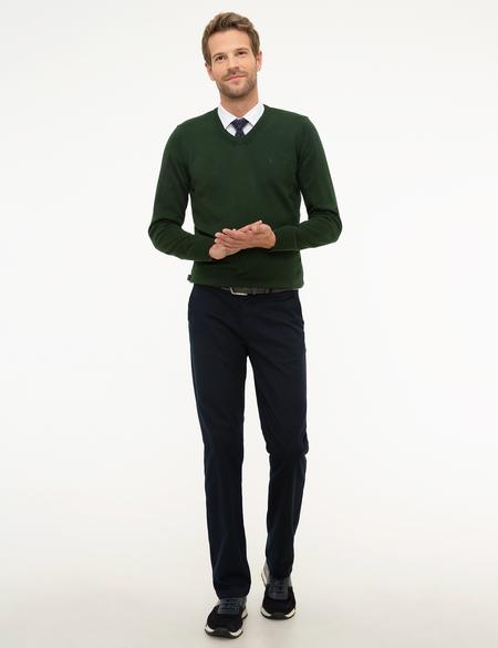 Koyu Yeşil Slim Fit V Yaka Basic Triko Kazak - 50207495156