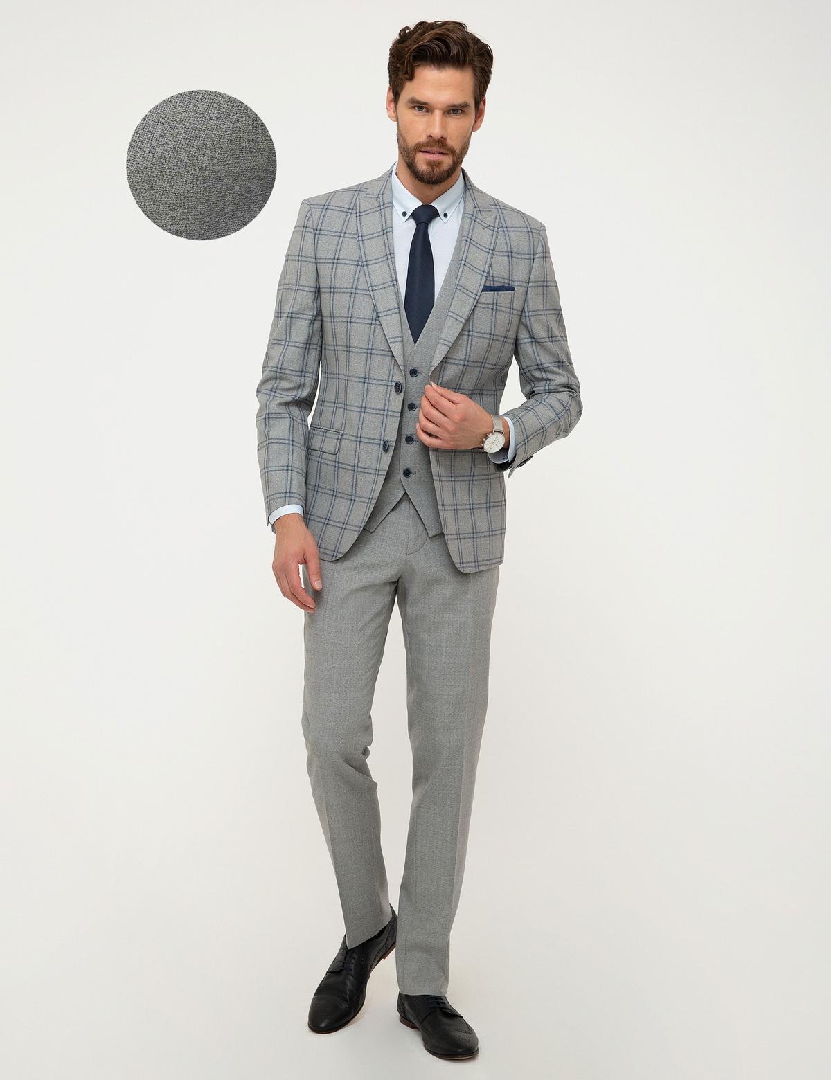 Gri Ekose Slim Fit Yelekli Takım Elbise