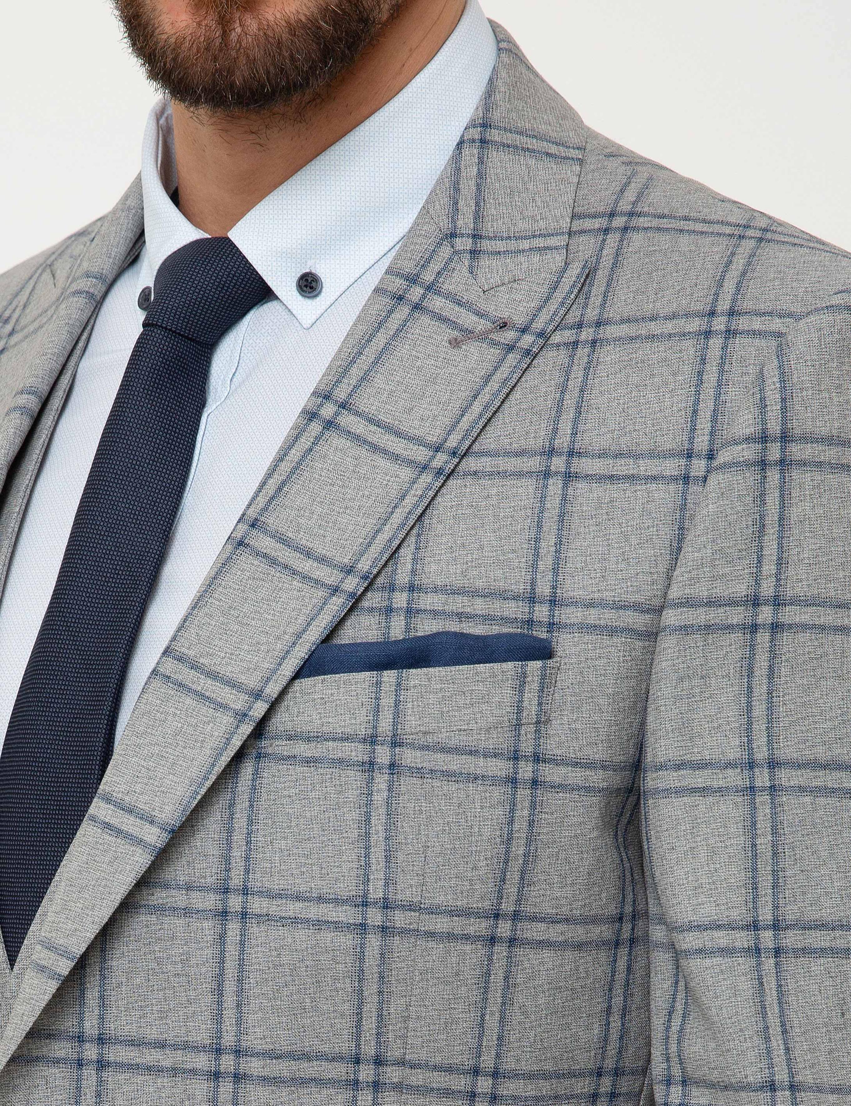 Gri Ekose Slim Fit Yelekli Takım Elbise