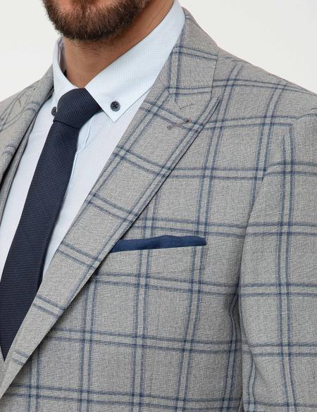 Gri Ekose Slim Fit Yelekli Takım Elbise - 50199903014
