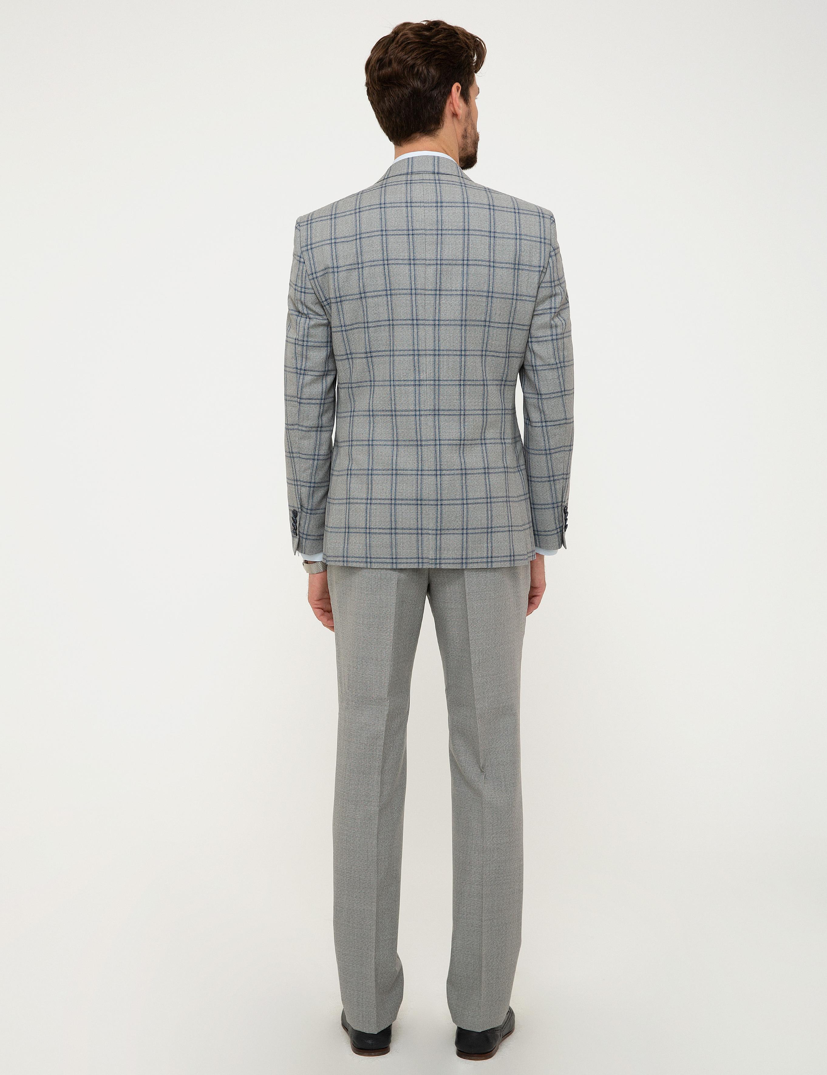 Gri Ekose Slim Fit Yelekli Takım Elbise