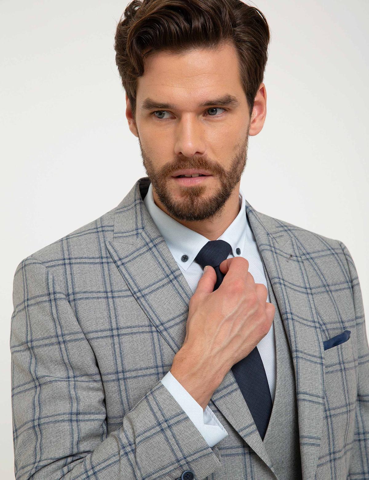 Gri Ekose Slim Fit Yelekli Takım Elbise - 50199903014