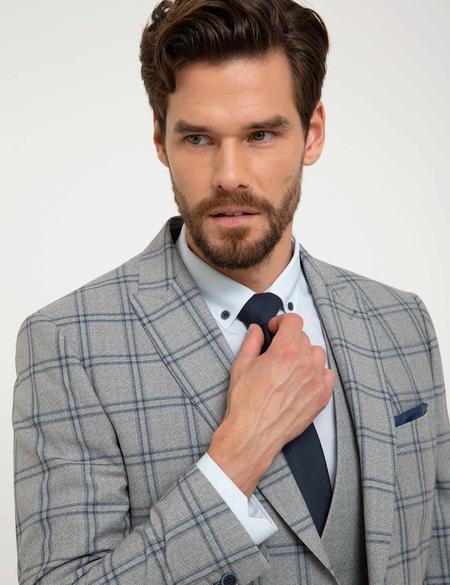 Gri Ekose Slim Fit Yelekli Takım Elbise - 50199903014
