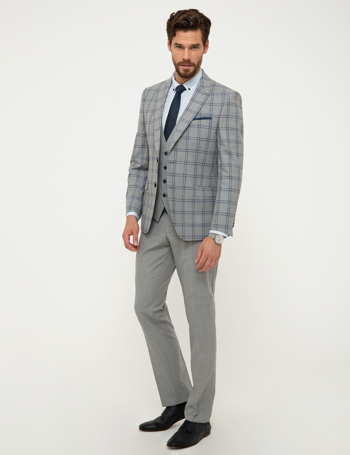 Gri Ekose Slim Fit Yelekli Takım Elbise - 50199903014