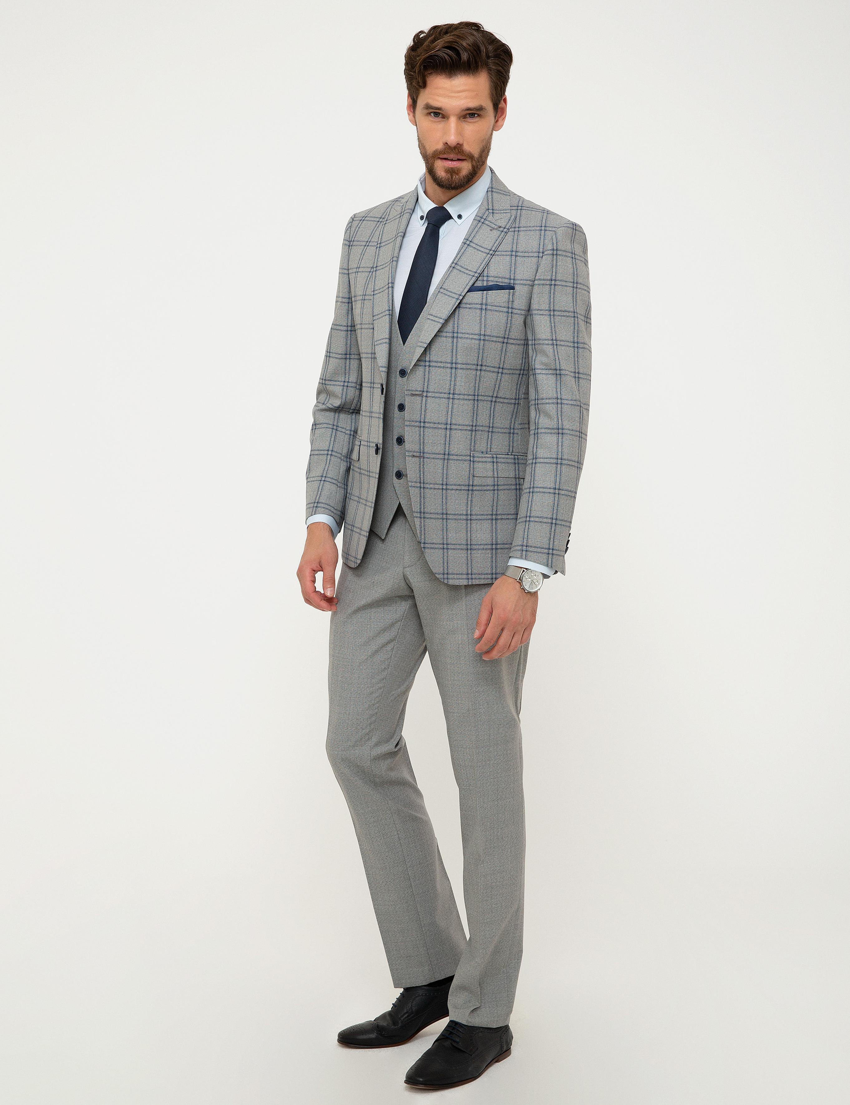 Gri Ekose Slim Fit Yelekli Takım Elbise