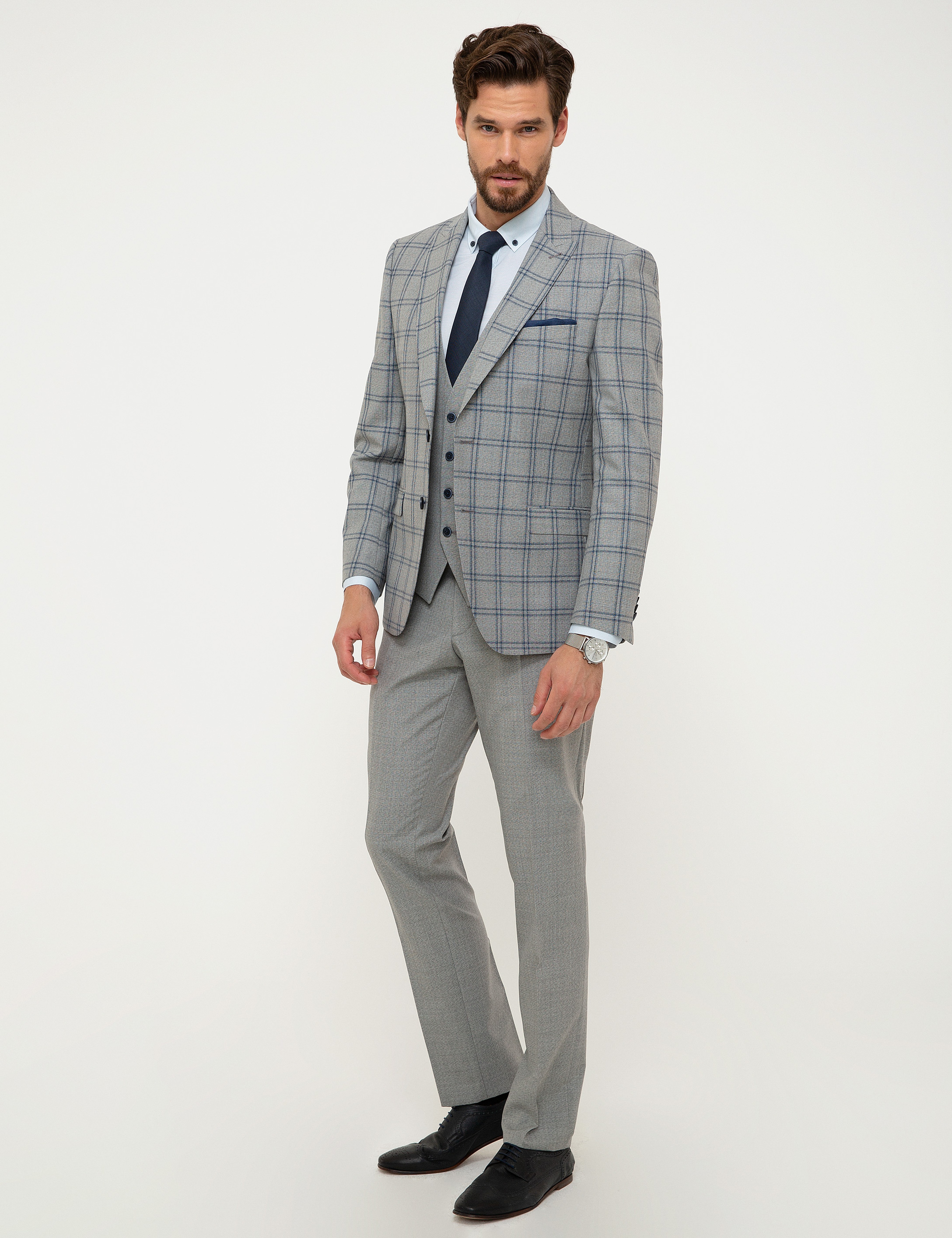 Gri Ekose Slim Fit Yelekli Takım Elbise