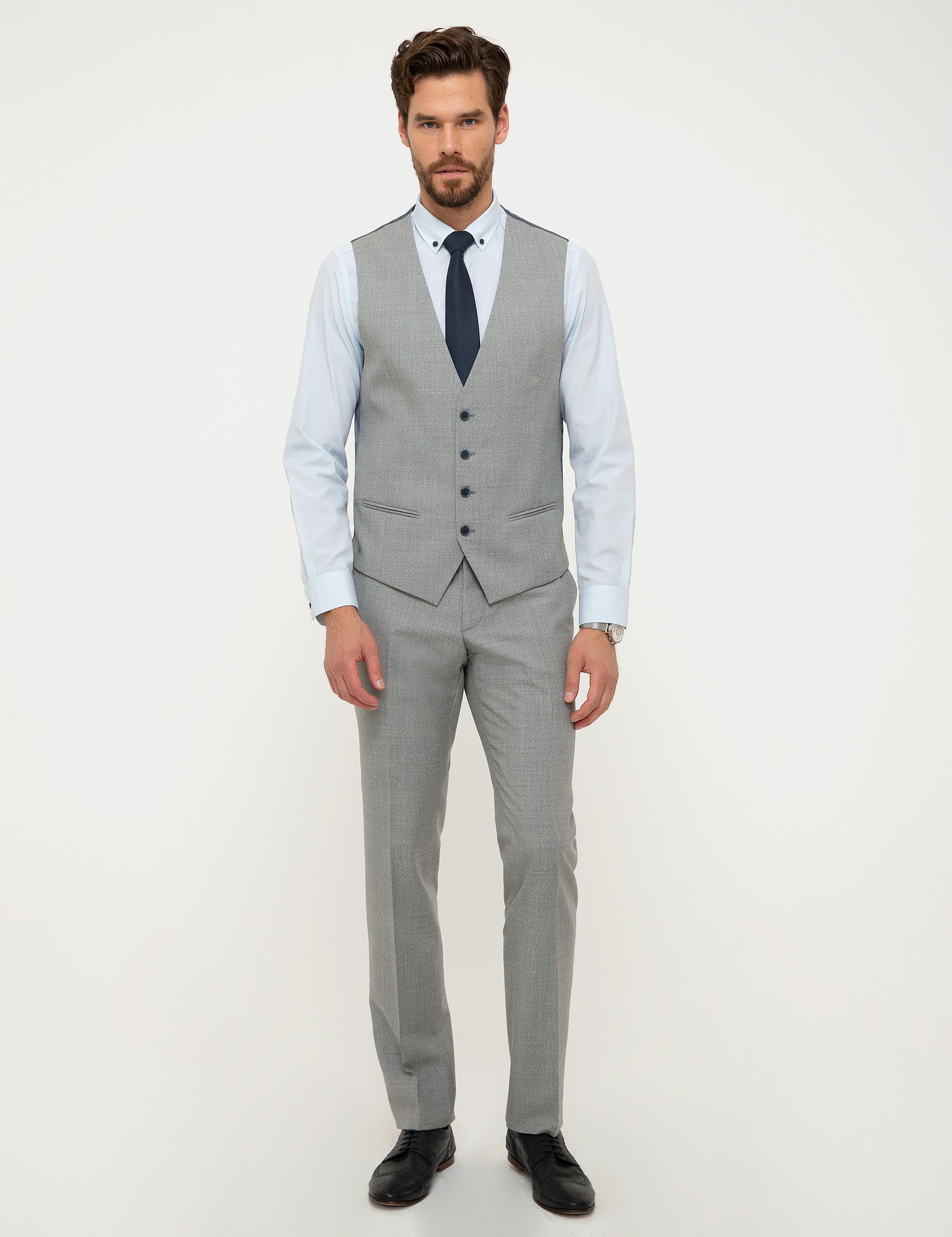 Gri Ekose Slim Fit Yelekli Takım Elbise