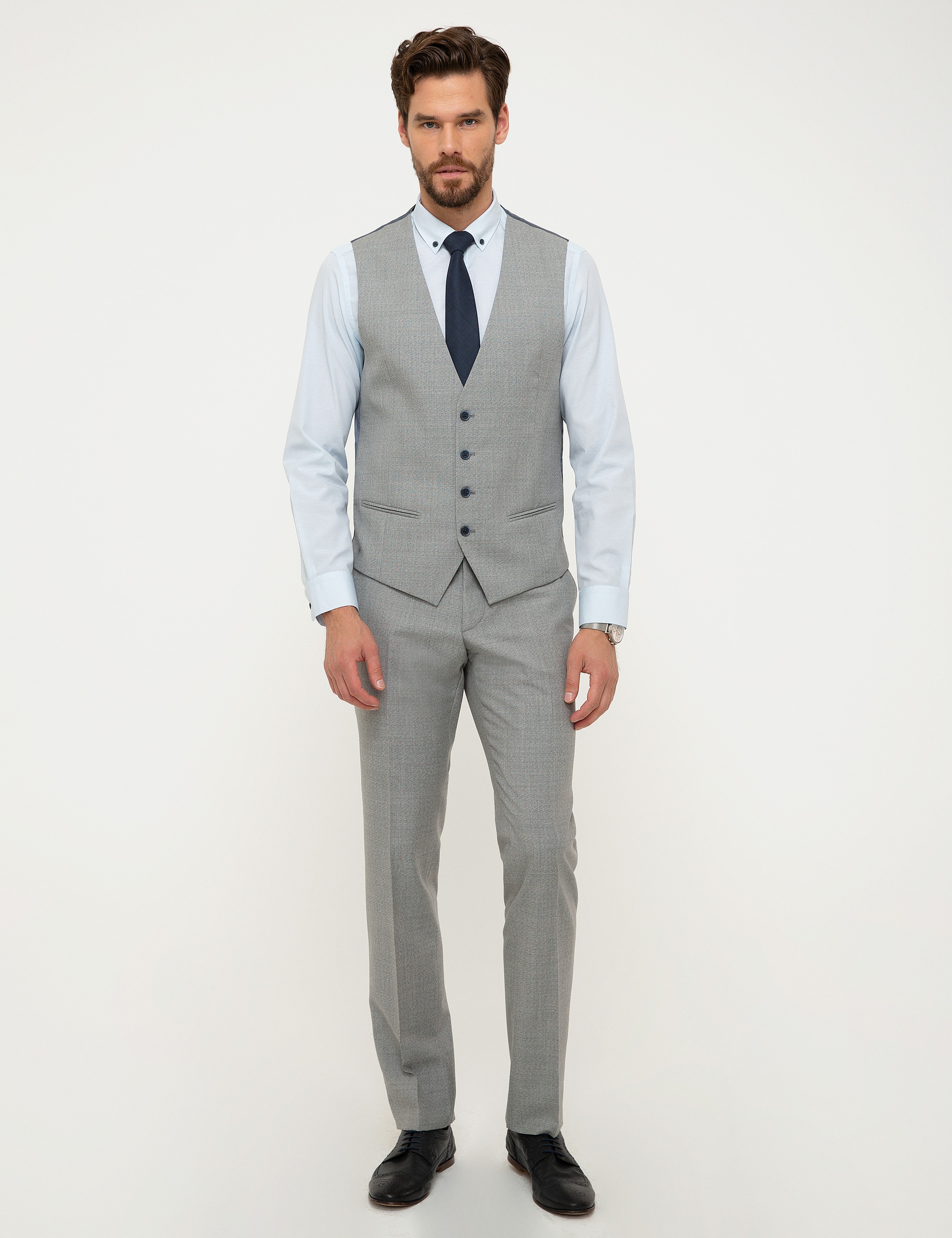 Gri Ekose Slim Fit Yelekli Takım Elbise - Image 5