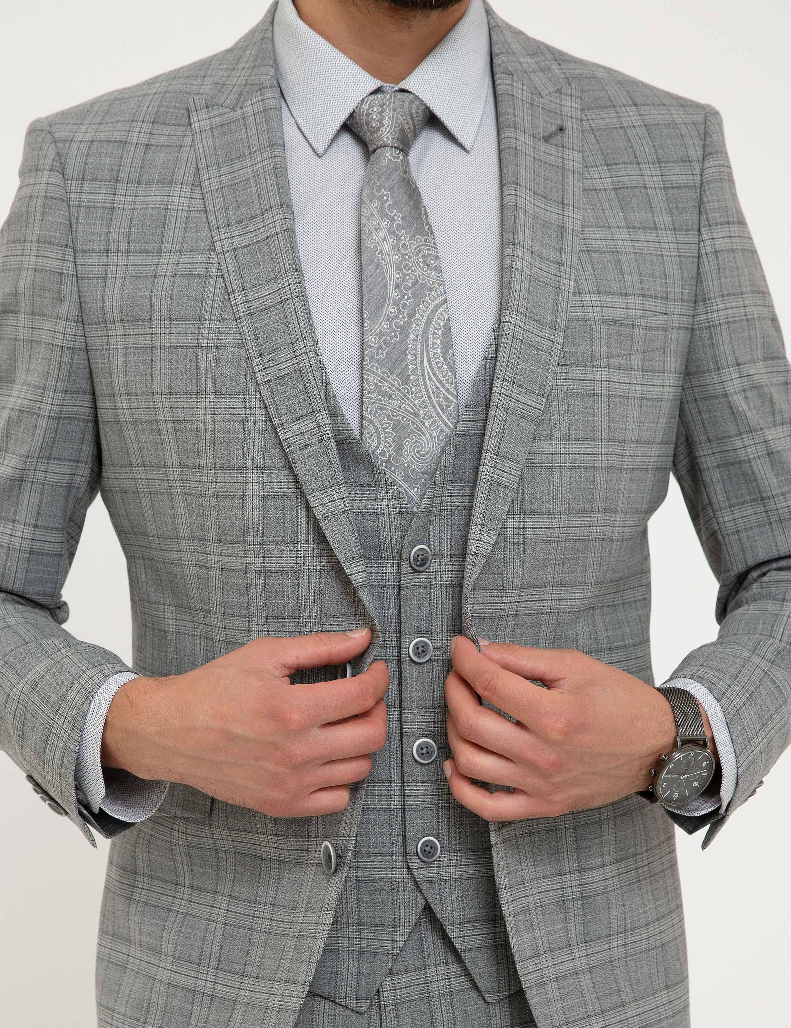 Gri Ekose Ekstra Slim Fit Yelekli Takım Elbise