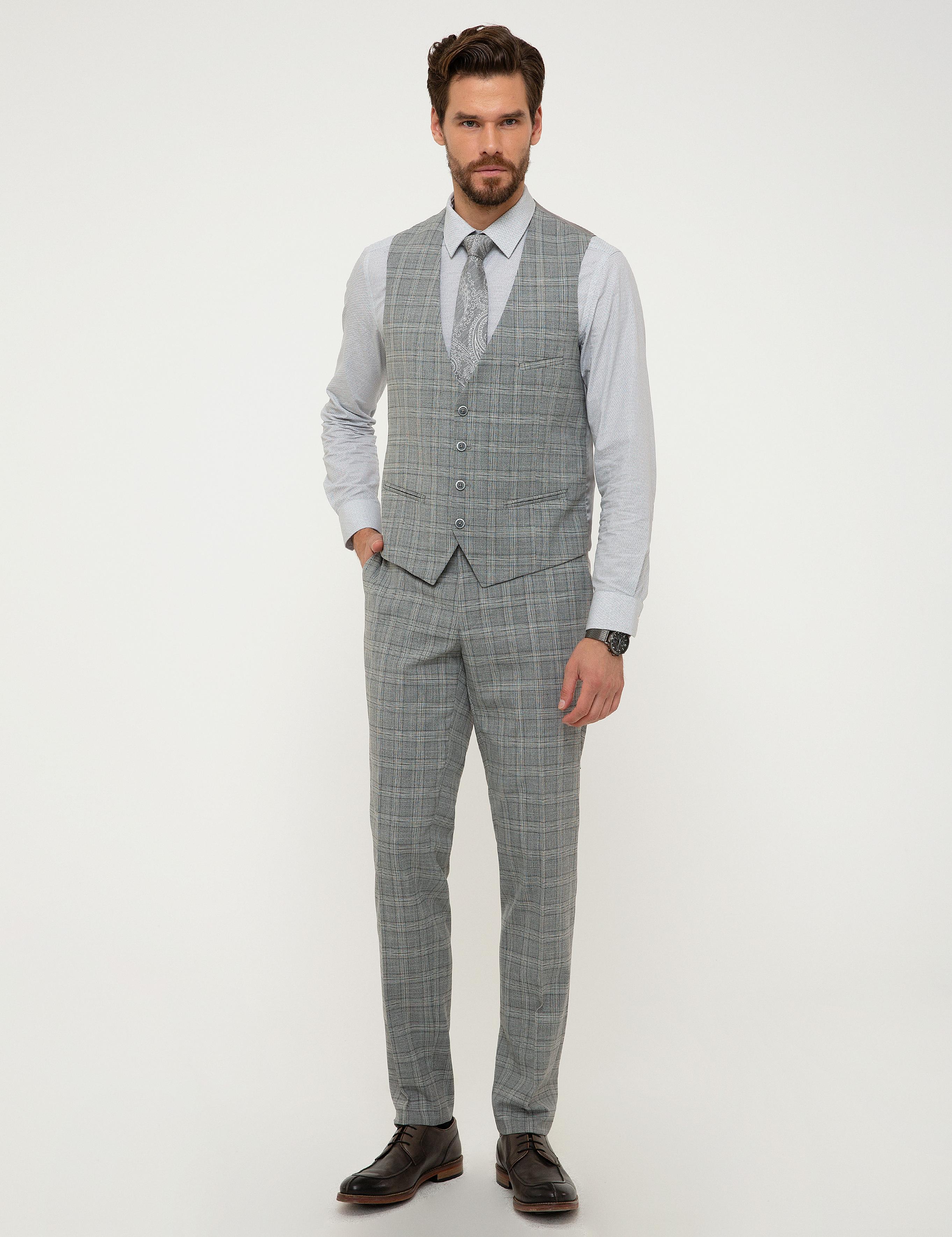 Gri Ekose Ekstra Slim Fit Yelekli Takım Elbise