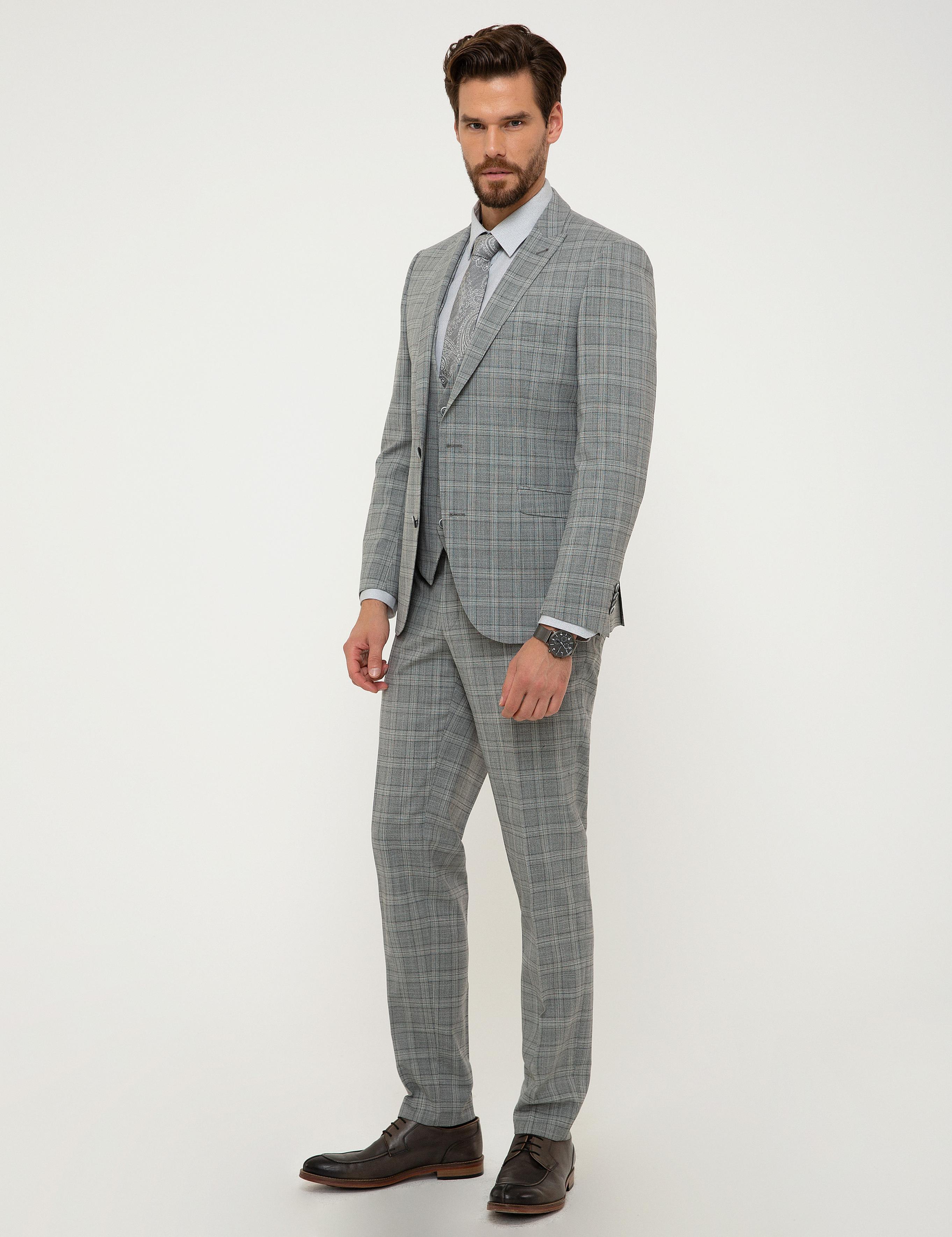 Gri Ekose Ekstra Slim Fit Yelekli Takım Elbise