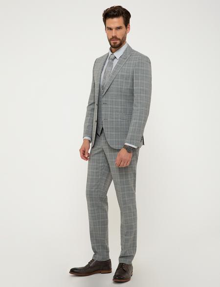 Gri Ekose Ekstra Slim Fit Yelekli Takım Elbise - 50199953002