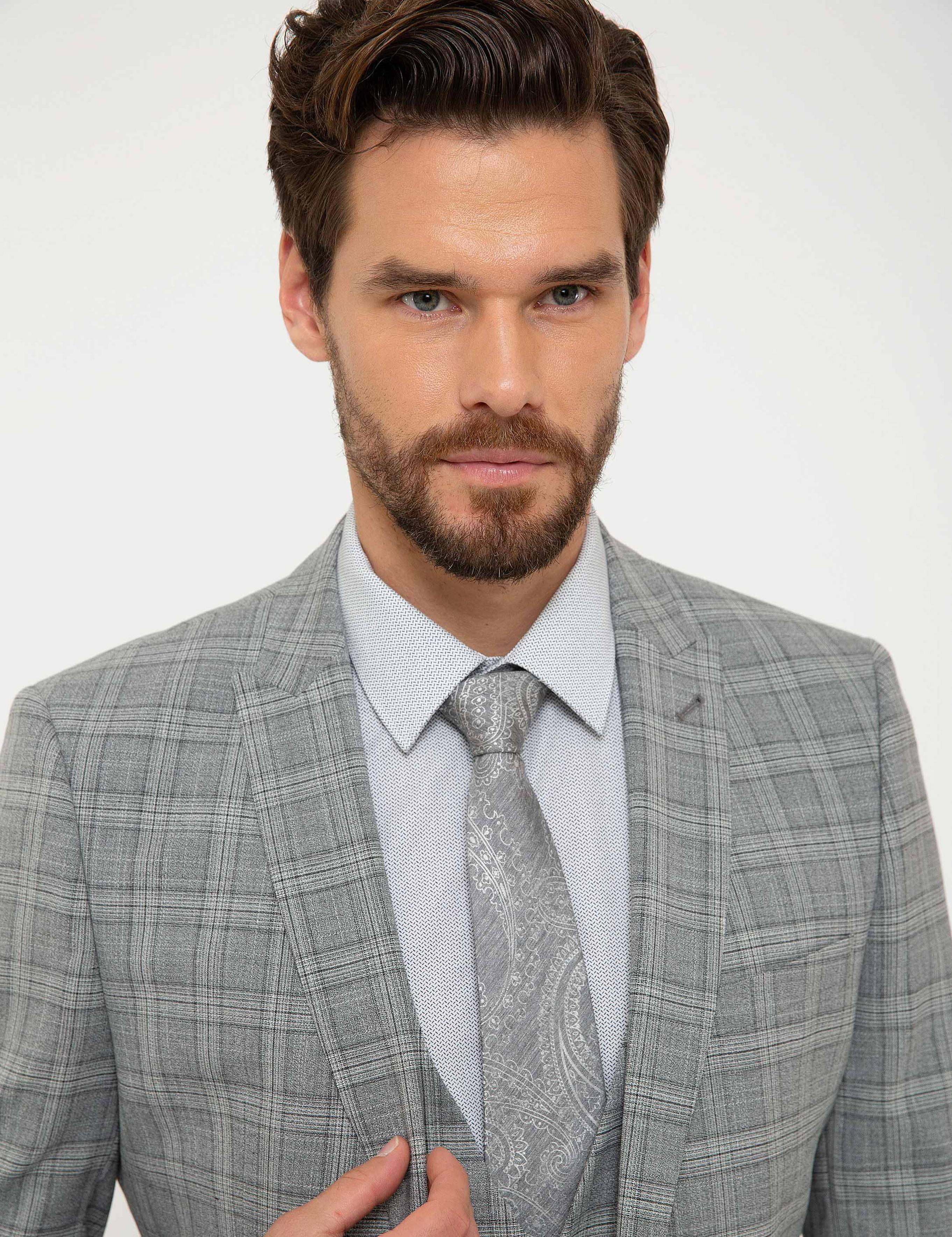 Gri Ekose Ekstra Slim Fit Yelekli Takım Elbise