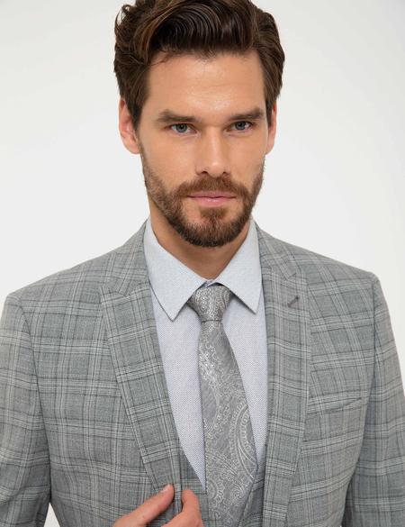 Gri Ekose Ekstra Slim Fit Yelekli Takım Elbise - 50199953002