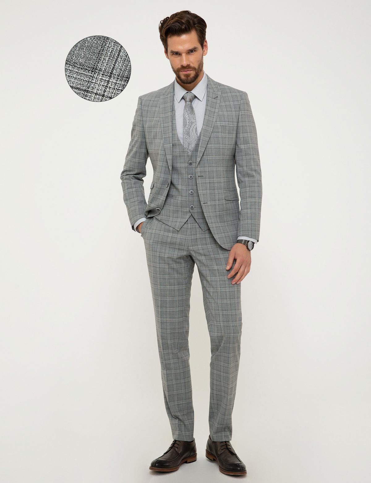 Gri Ekose Ekstra Slim Fit Yelekli Takım Elbise