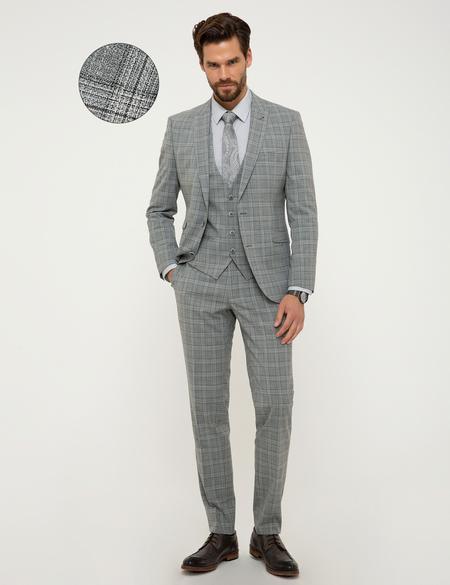 Gri Ekose Ekstra Slim Fit Yelekli Takım Elbise - 50199953002