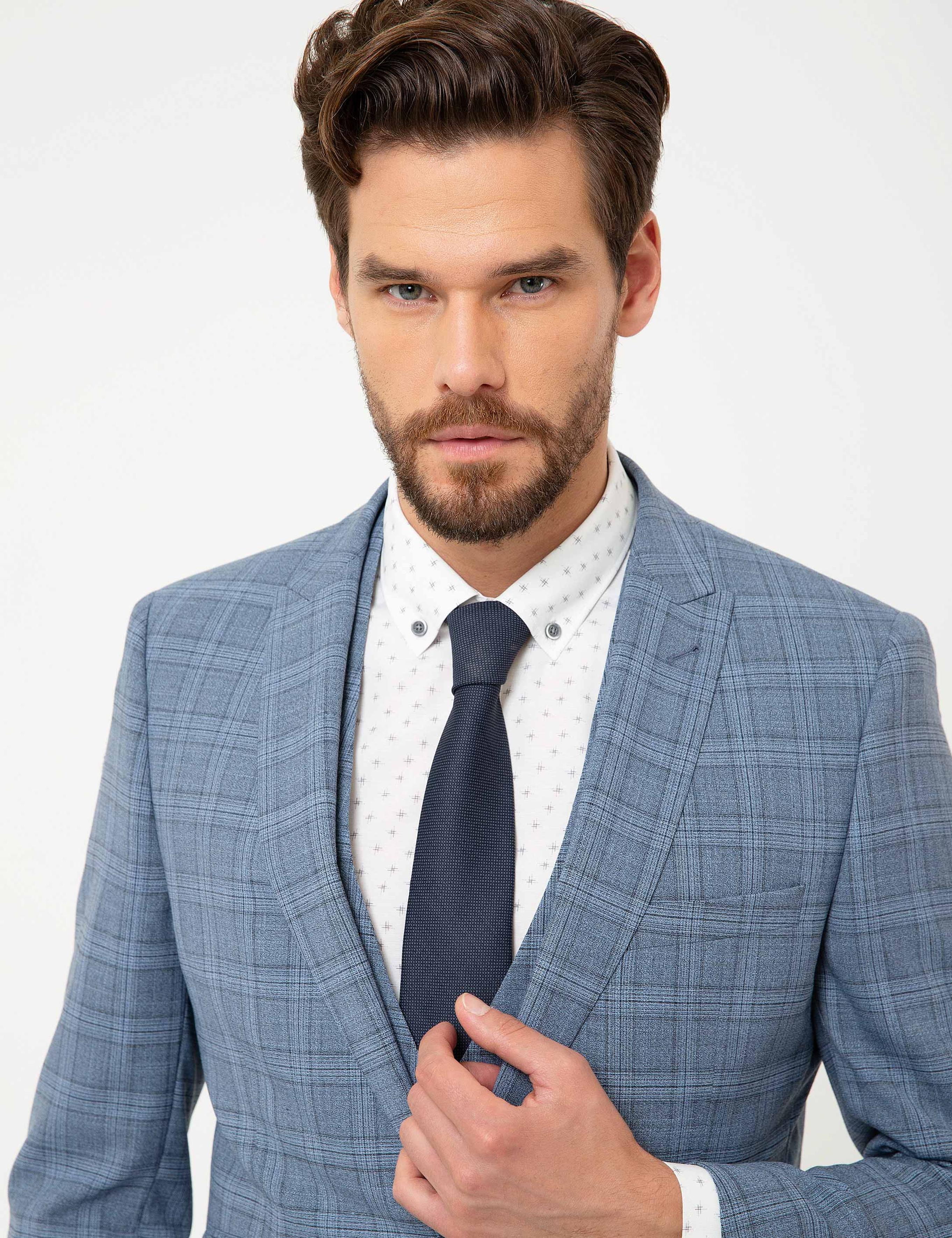 Mavi Ekose Ekstra Slim Fit Yelekli Takım Elbise