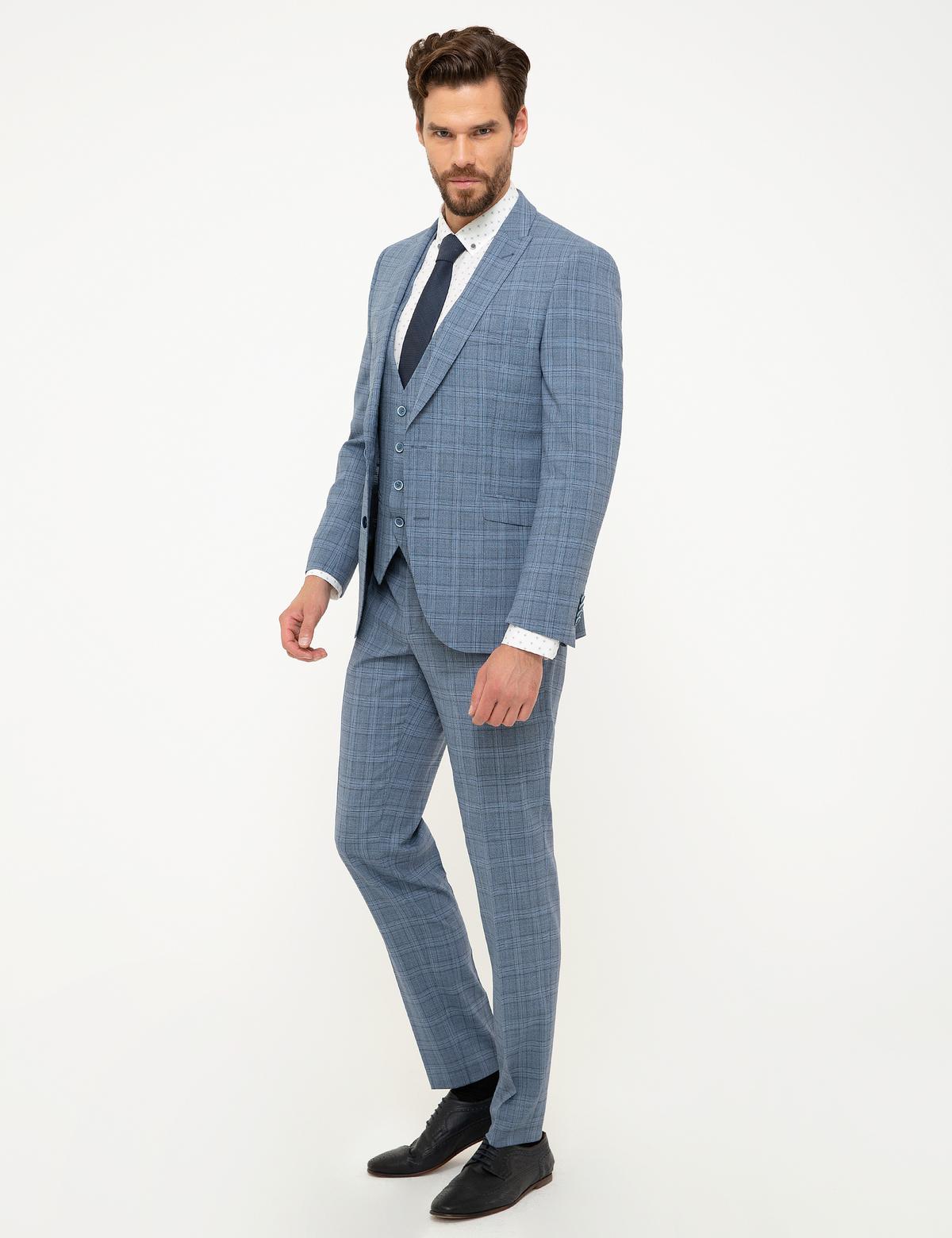 Mavi Ekose Ekstra Slim Fit Yelekli Takım Elbise - 50199953041