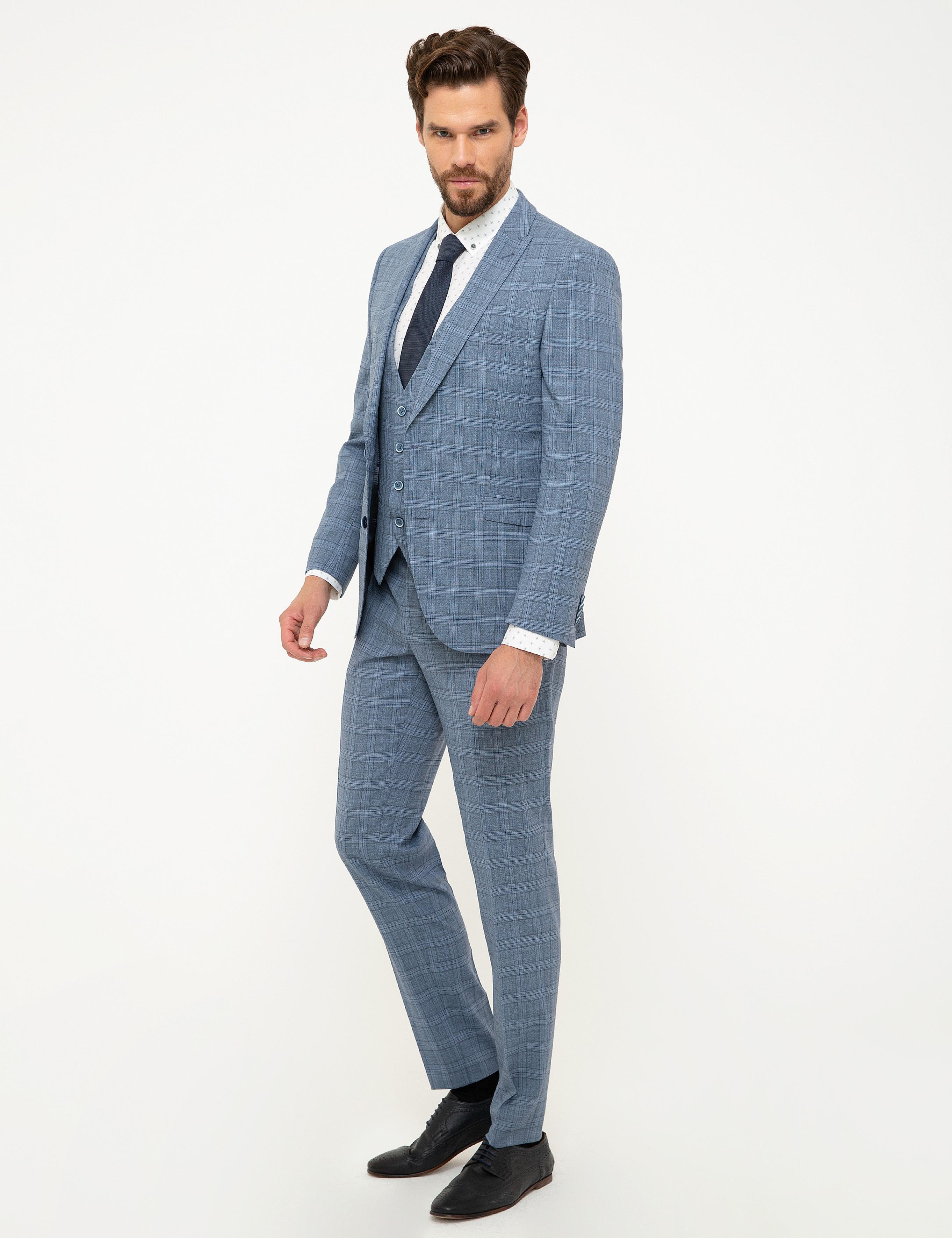 Mavi Ekose Ekstra Slim Fit Yelekli Takım Elbise