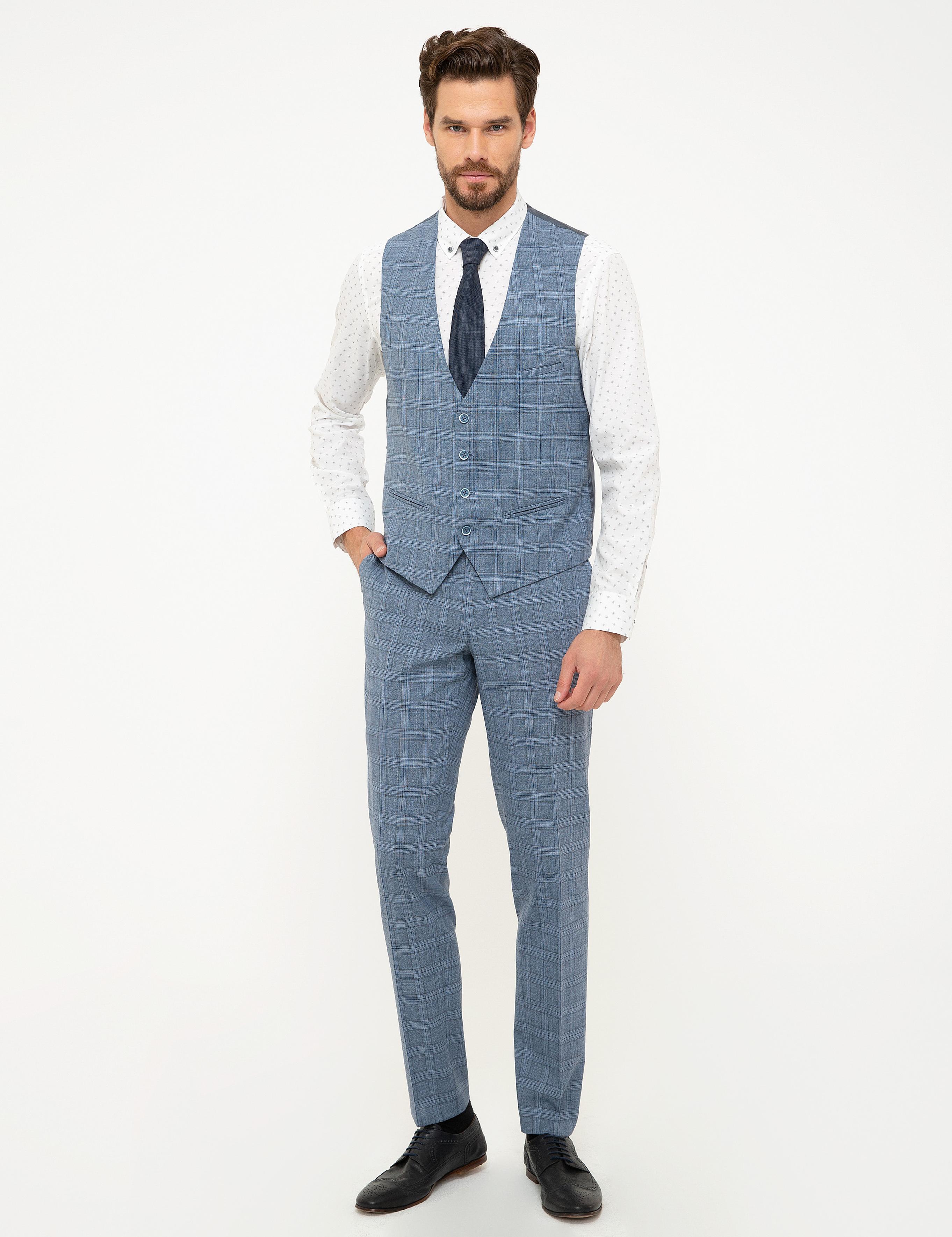 Mavi Ekose Ekstra Slim Fit Yelekli Takım Elbise