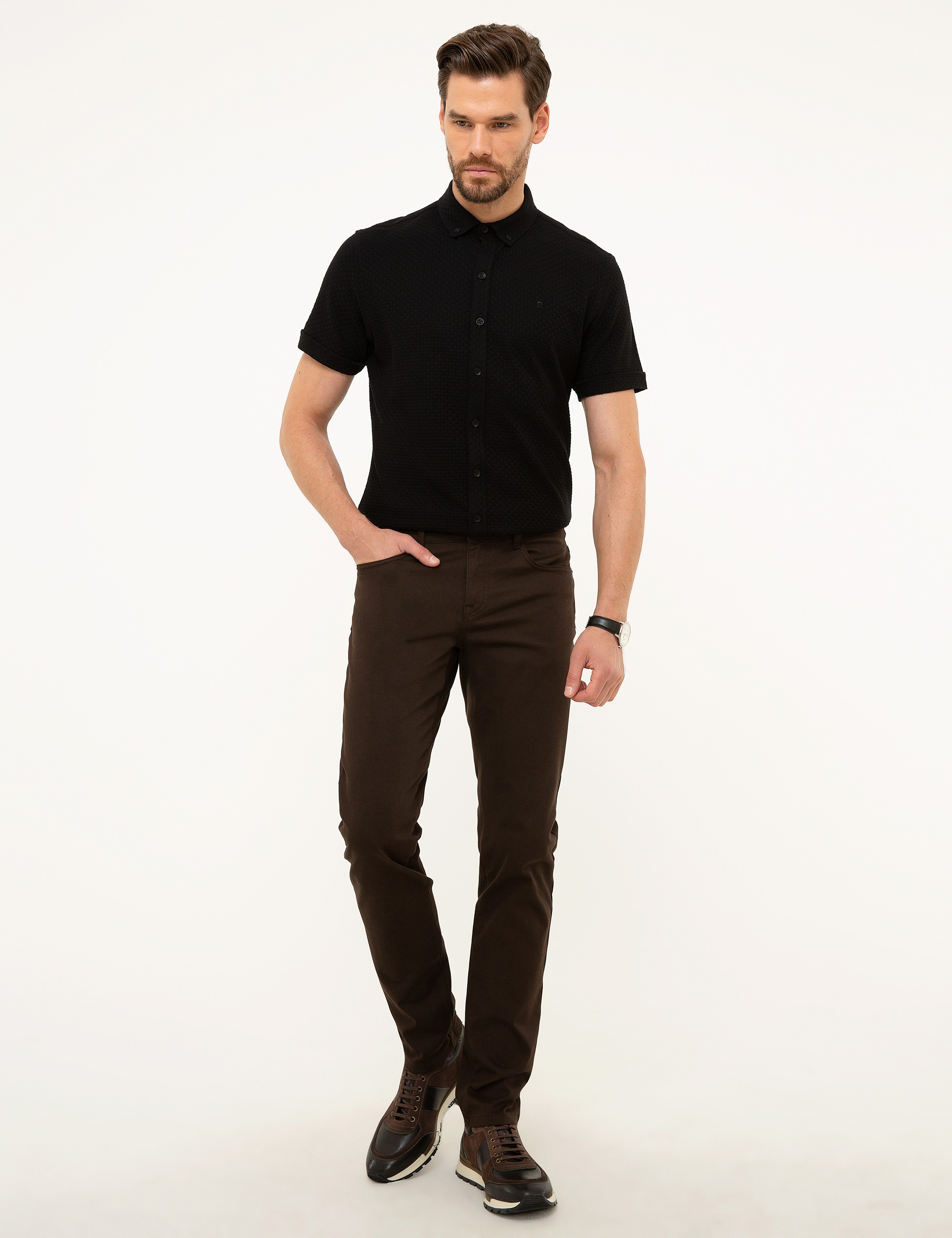 Kahverengi Slim Fit Kanvas Pantolon - Image 1