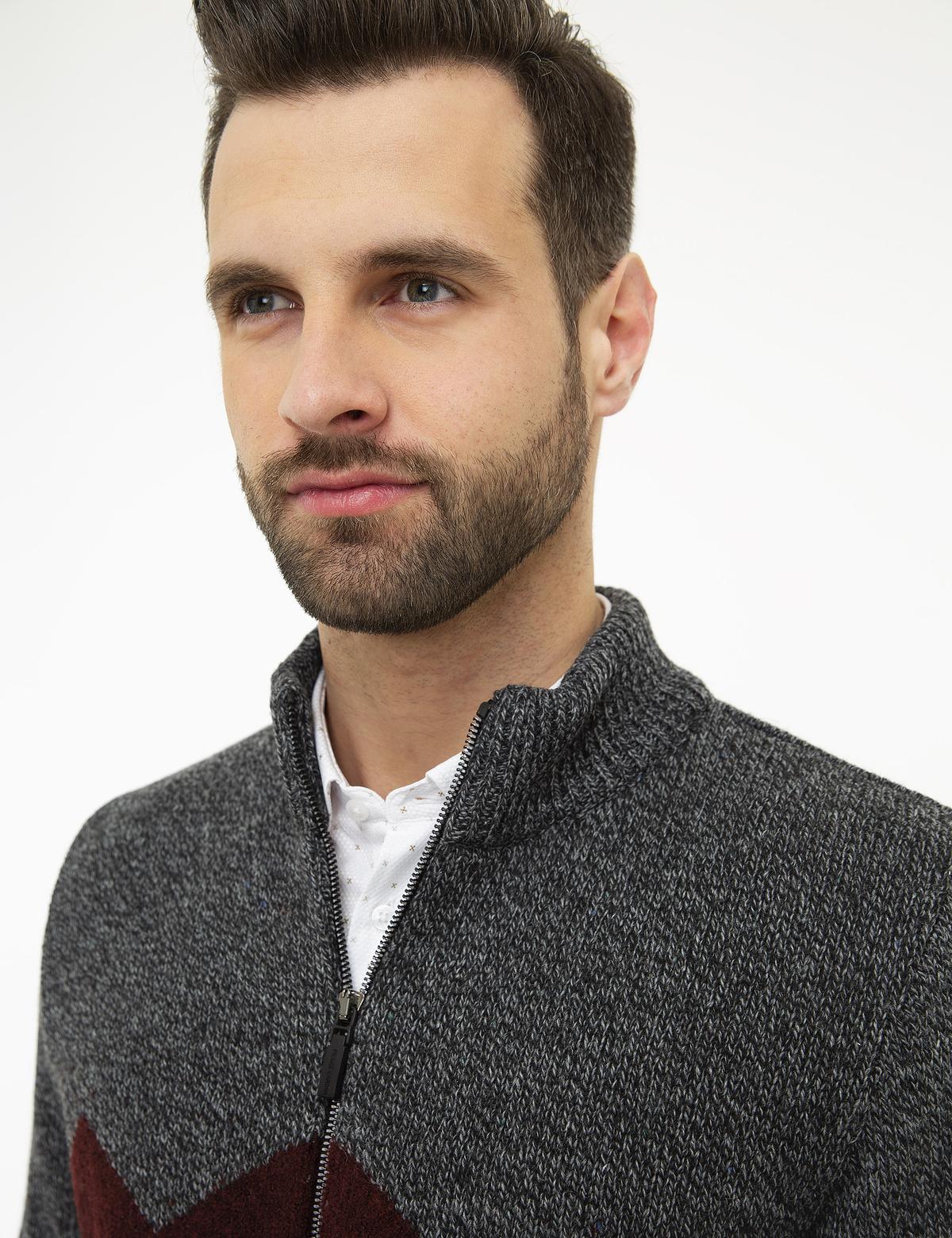 Gri Slim Fit Yün Karışımlı Fermuarlı Triko Hırka - 50208779013