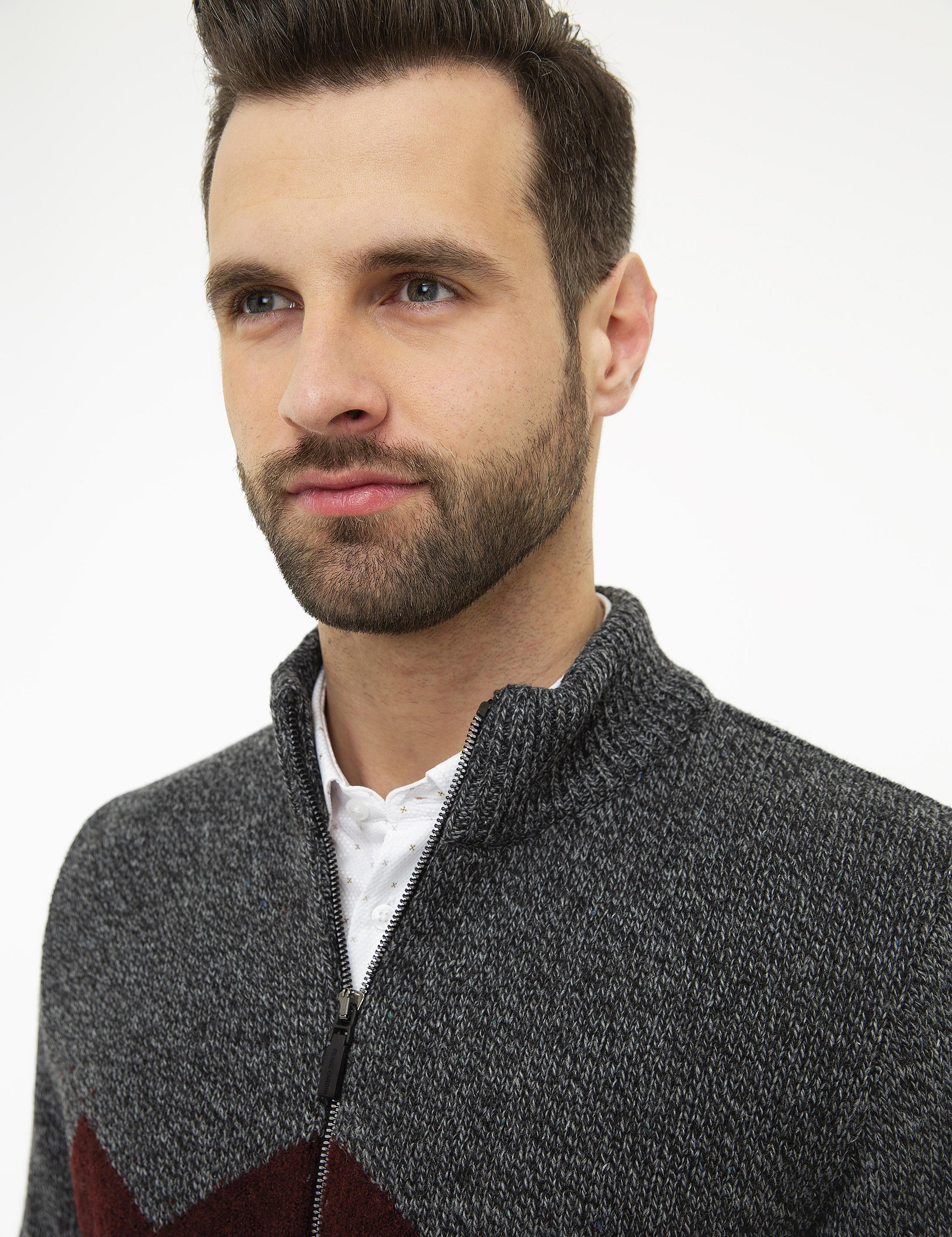 Gri Slim Fit Yün Karışımlı Fermuarlı Triko Hırka