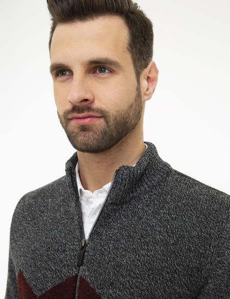 Gri Slim Fit Yün Karışımlı Fermuarlı Triko Hırka - 50208779013