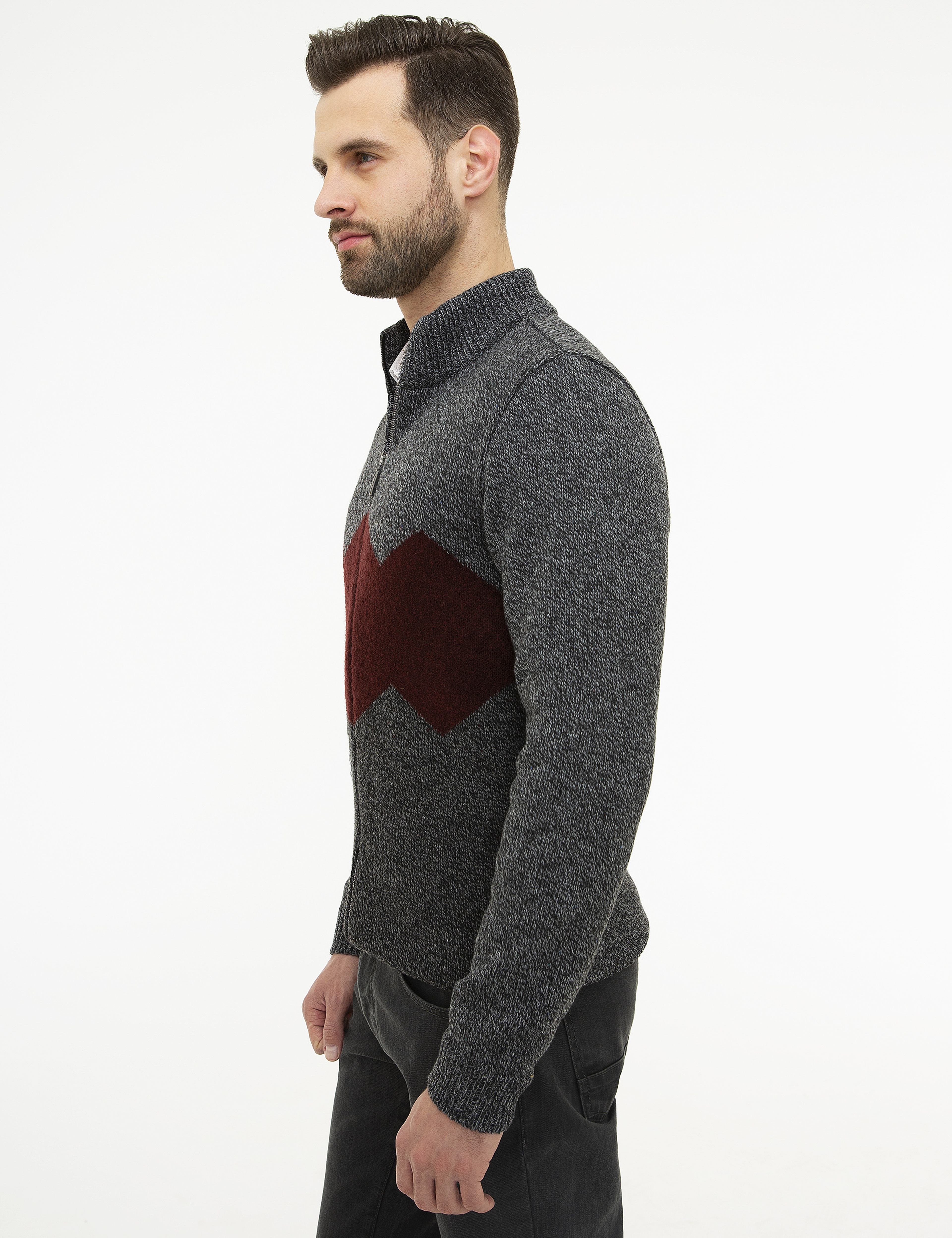 Gri Slim Fit Yün Karışımlı Fermuarlı Triko Hırka