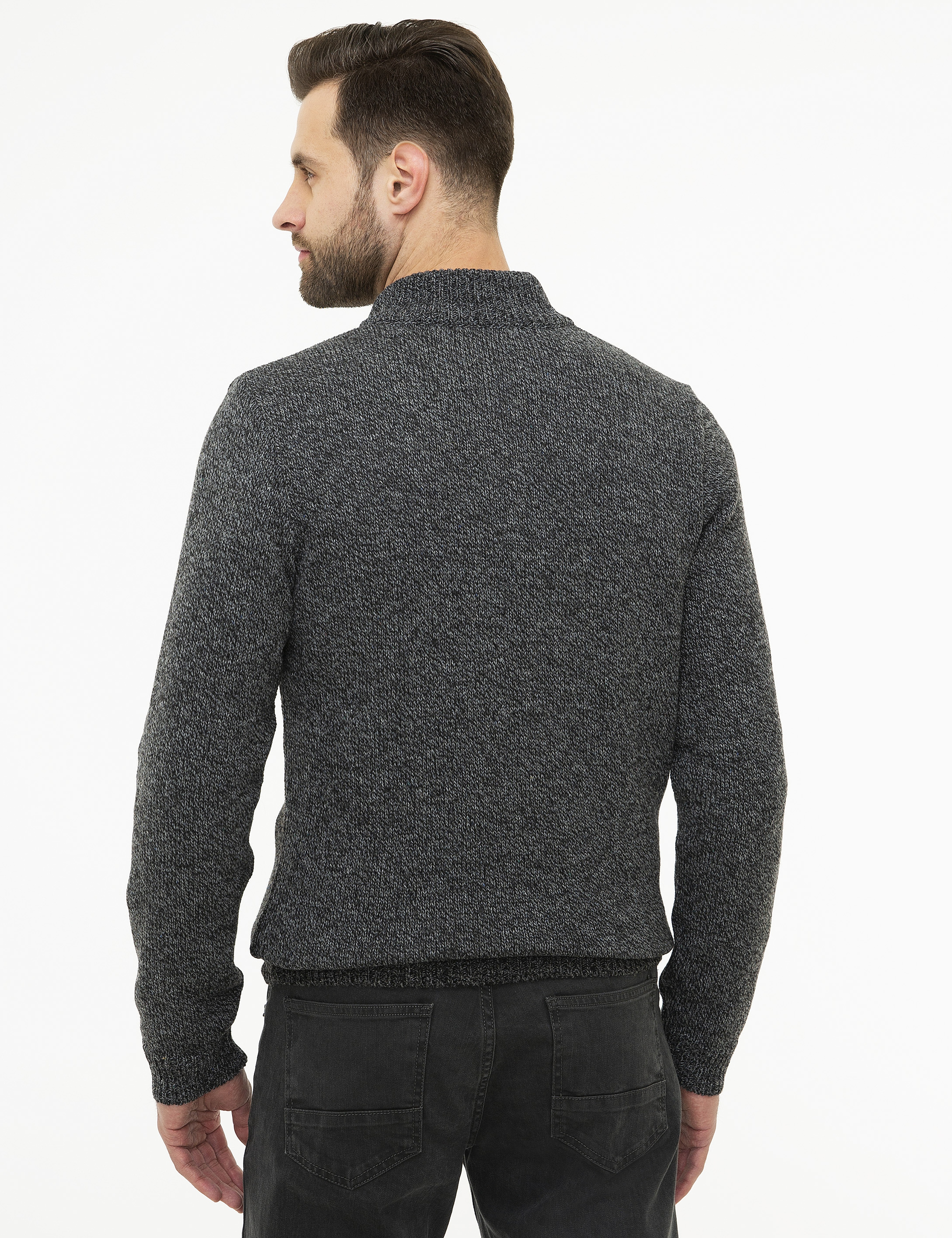 Gri Slim Fit Yün Karışımlı Fermuarlı Triko Hırka - Image 4