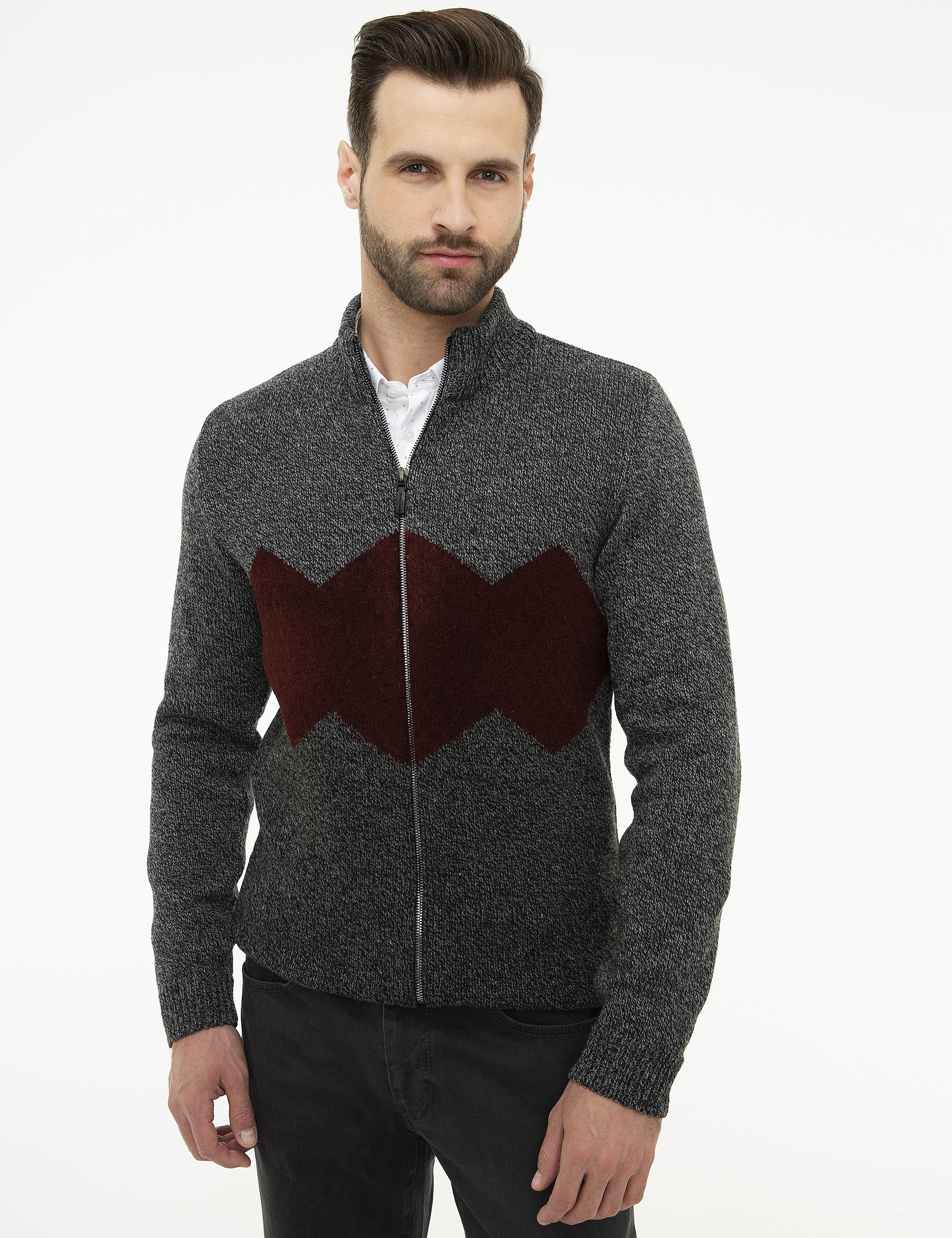Gri Slim Fit Yün Karışımlı Fermuarlı Triko Hırka - Image 1