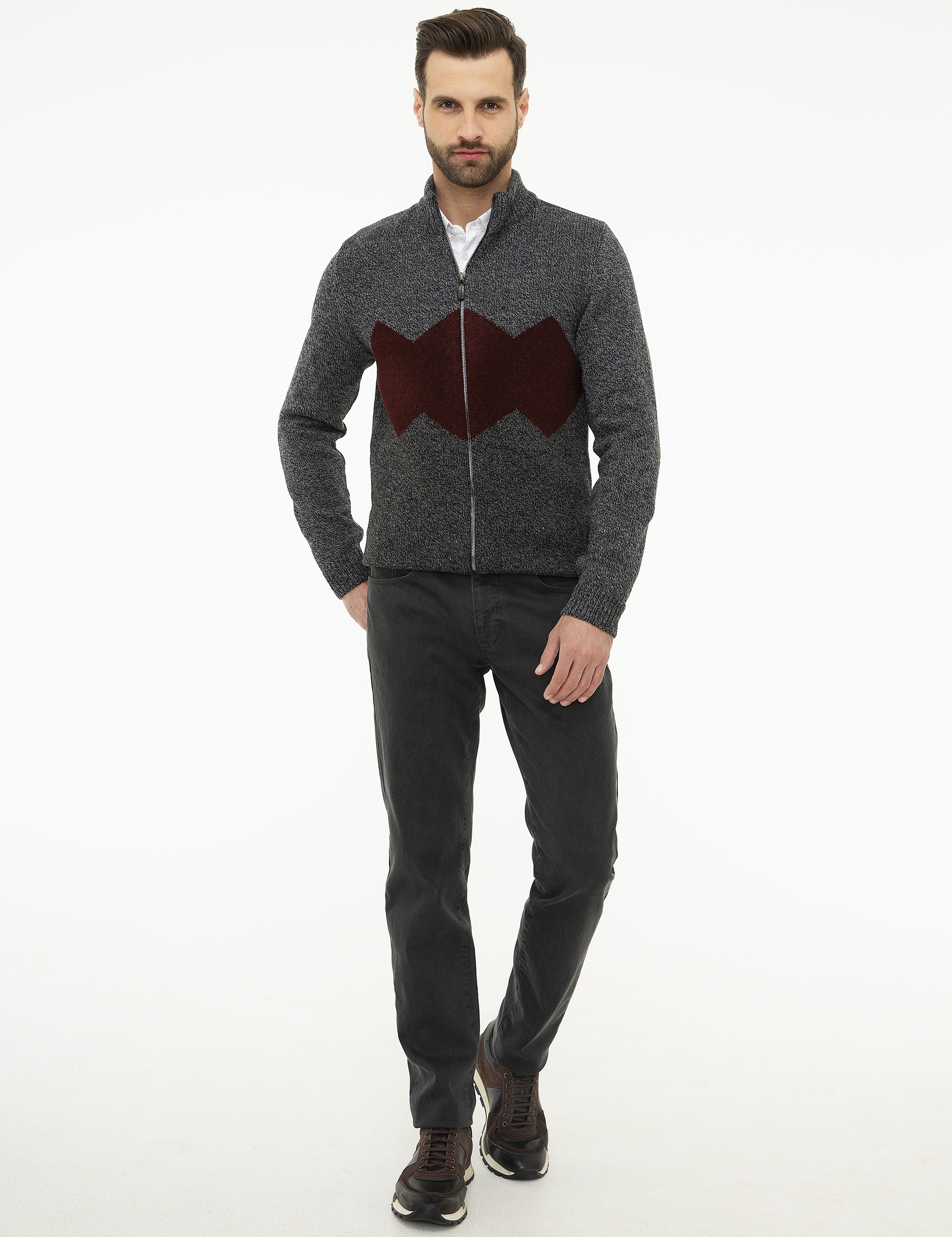 Gri Slim Fit Yün Karışımlı Fermuarlı Triko Hırka - Image 5