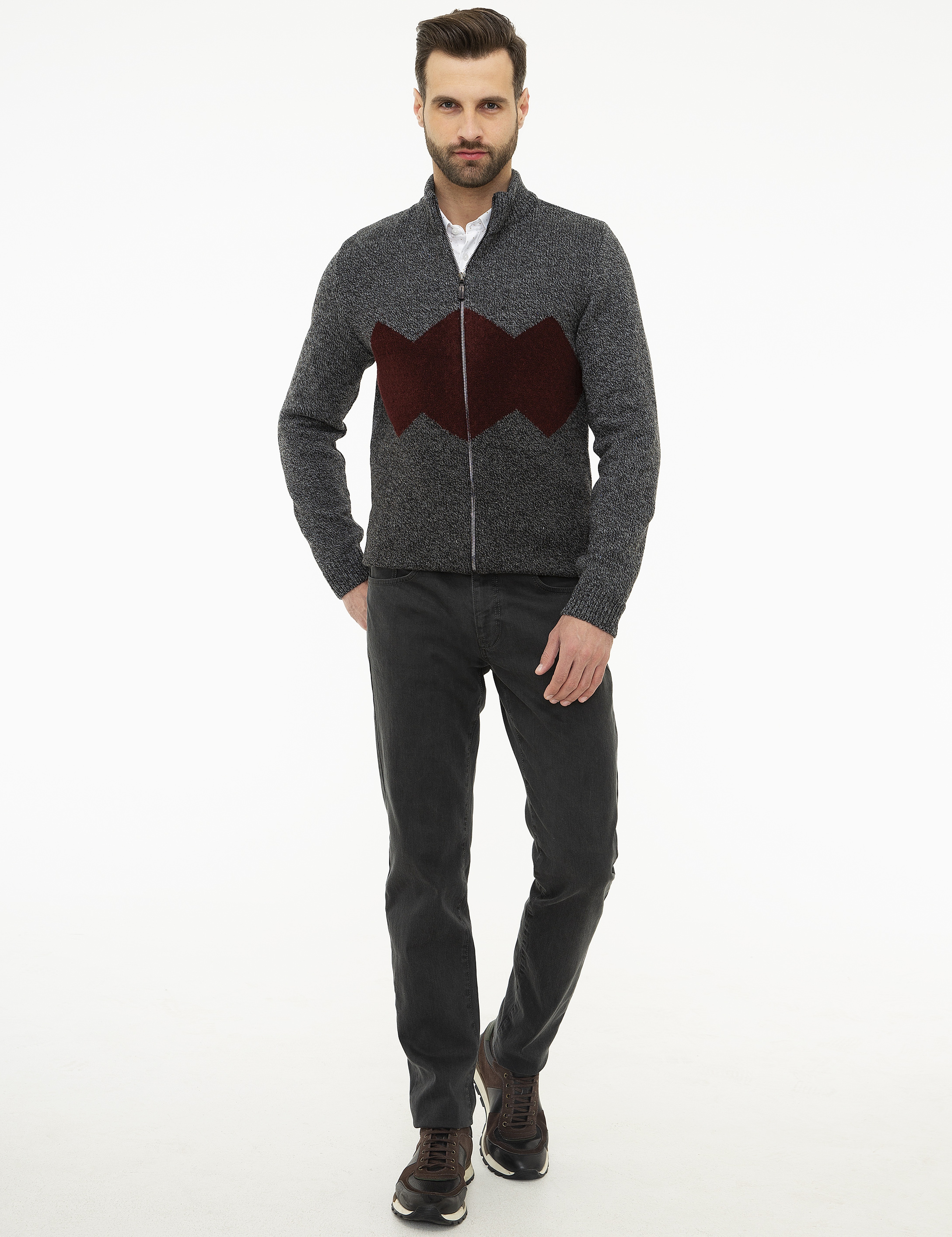 Gri Slim Fit Yün Karışımlı Fermuarlı Triko Hırka
